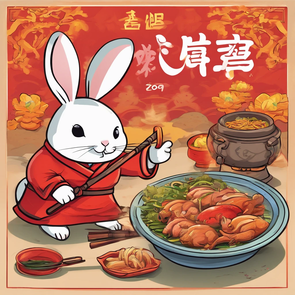 Lunar New Year greeting card，Accompanied by a rabbit and a plate of food, Pot wrapped meat cartoon, hand painted cartoon art style, food advertisement, ancient china art style, Japanese cartoon style, full card design, Rabbit holding kitchenware,The rabbit carries an iron pot on his back
