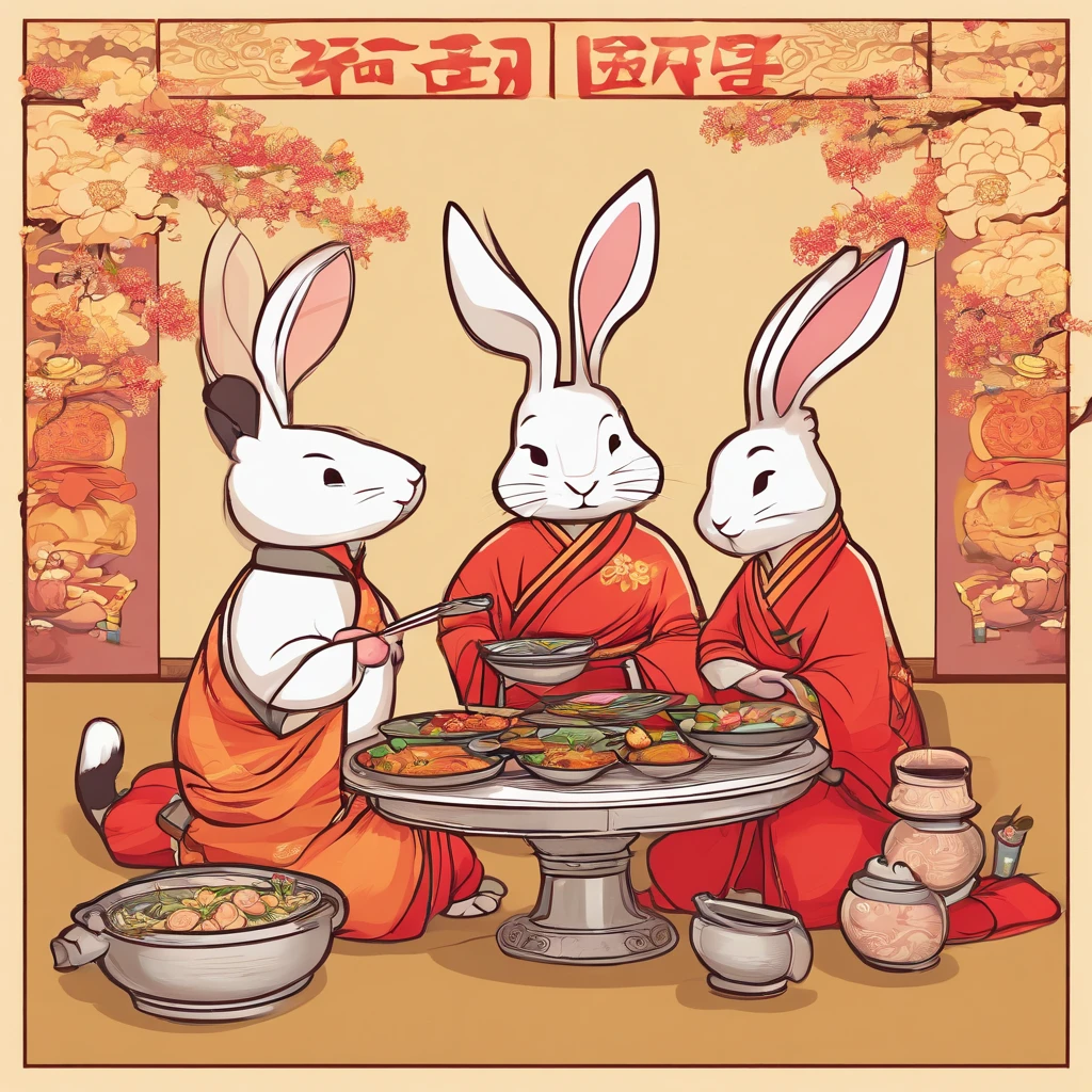 Lunar New Year greeting card,Accompanied by a rabbit and a plate of food, Pot wrapped meat cartoon, hand painted cartoon art style, food advertisement, ancient china art style, Japanese cartoon style, full card design, Rabbit holding kitchenware,The rabbit carries an iron pot on his back