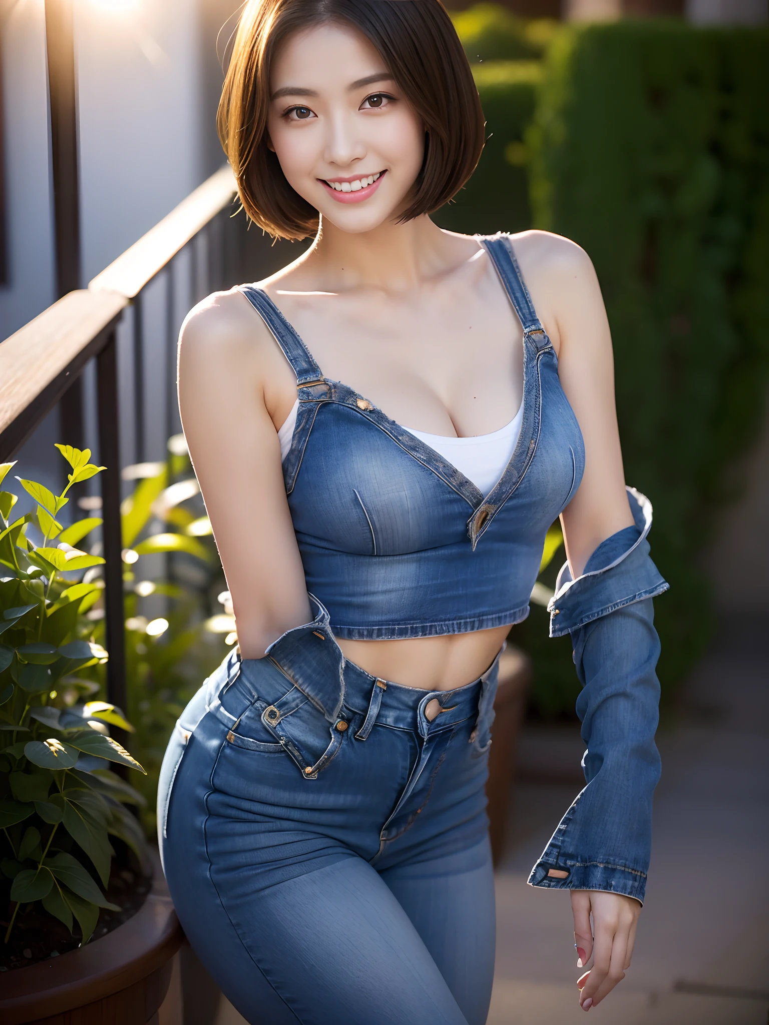 （超高分辨率，RAW photogr，8K,k hd，Best quality，tmasterpiece:1.5），（Complicated details，realisticlying），1 very beautiful woman, age 22, Solo, A high resolution, Extremely detailed face, (Professional lighting，Bokeh），（light particules，lens flare glow，Luminous Particle：0.6），gentlesoftlighting，Trendy atmosphere，jpn，the street，Stylish short hair，bobo head， A brown-haired, Hair is delicate and soft，Fluttering, cparted lips, lipsticks, Seductive smile, ssmile, Open-mouthed, teeth, There are small dimples，White swan neck，Shave your shoulders, Bigchest，（Petite，Golden ratio figure），Wear one（blue gray）（tight-fitting，Wrap tightly around the body）Sweaters, (Wash blue）（Fashion jeans),（detailed outfits:1.5）， 二重まぶた，long eyelasher, birthmark, (Moles under eyes: 1), Big breasts Thin waist，Beautiful buttocks，The calves are well-proportioned, slenderness:1.2，A pair of small white and tender jade feet，Beautiful toes:1.5，Wear stylish sandals，（Coquettish and playful beautiful sexy pose），Female-centered focus photography，The waist and crotch are the focus，Broad lighting，naturalshadow，wide wide shot，close focus，shooting full body:1.8,fully body photo:1.8