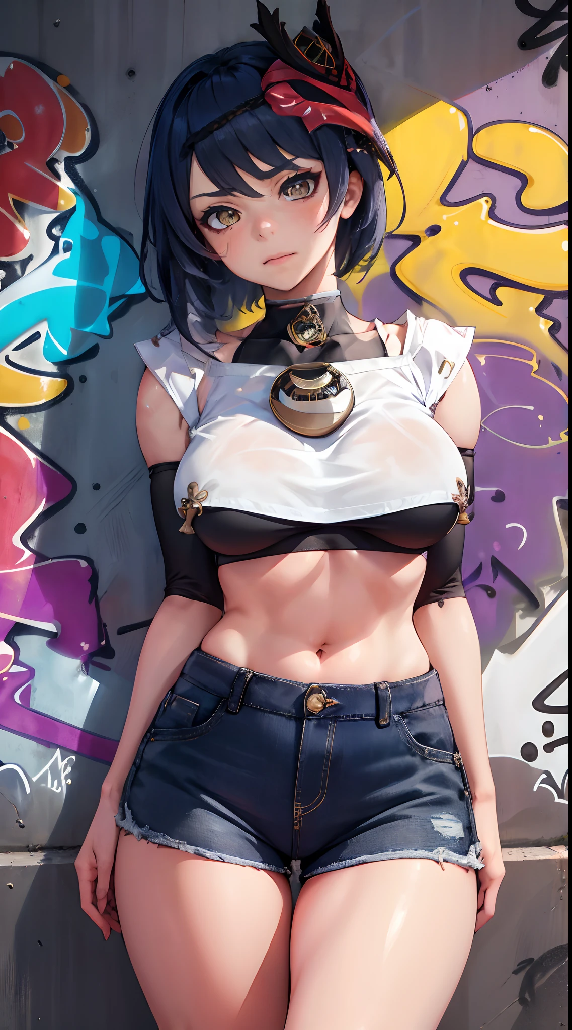 Kujou Sara Genshin Effect, masterpiece, bestquality, 1girls, mediuml breasts, bara, crop top, shorts jeans, choker, (Graffiti:1.5), Splash with purple lightning pattern., arm behind back, against wall, View viewers from the front., Thigh strap, Head tilt, bored, Ponytail, water eyes,