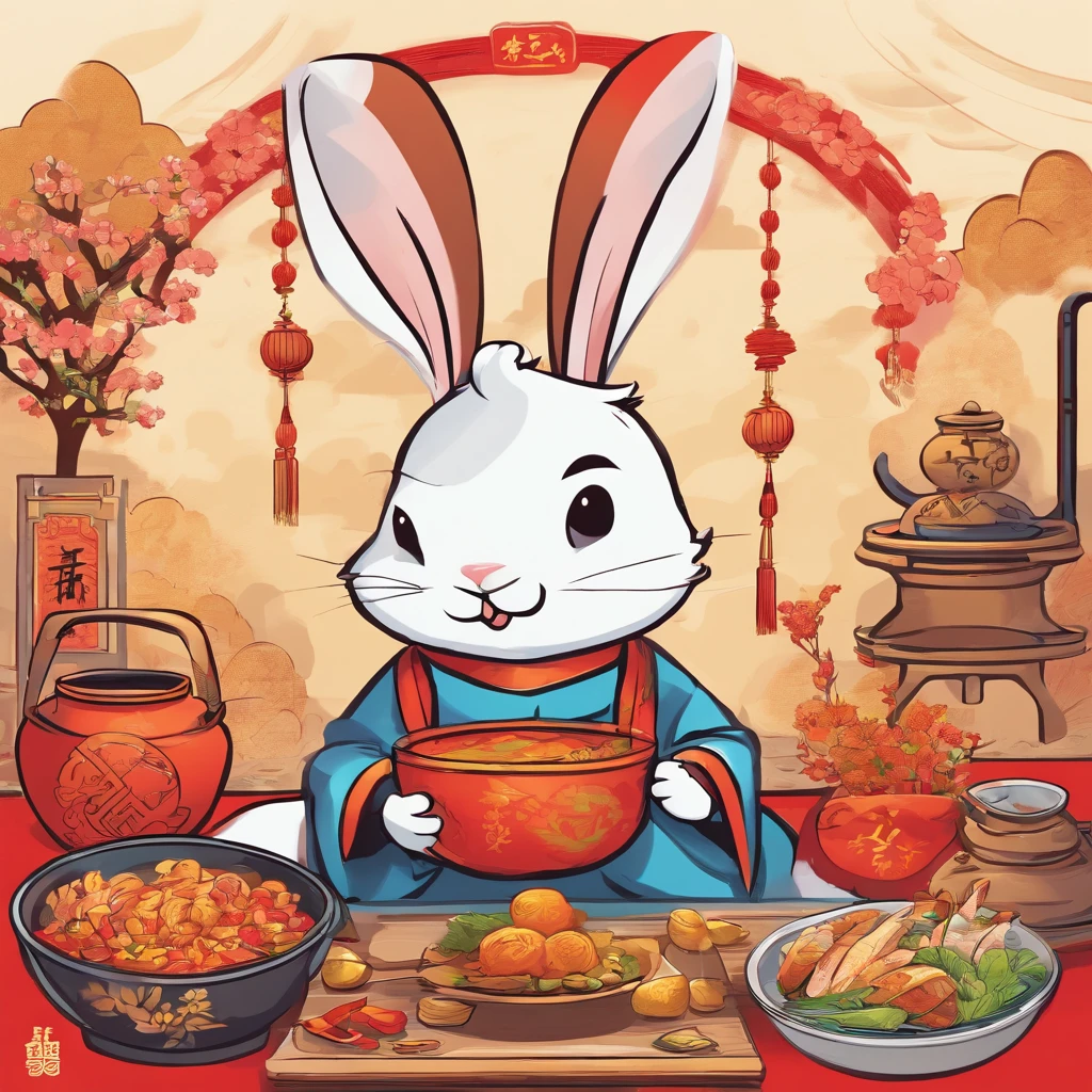 Lunar New Year greeting card,Accompanied by a rabbit and a plate of food, animated cartoon, hand painted cartoon art style, food advertisement, ancient china art style, Japanese cartoon style, full card design, Rabbit holding kitchenware,The rabbit carries an iron pot on his back
