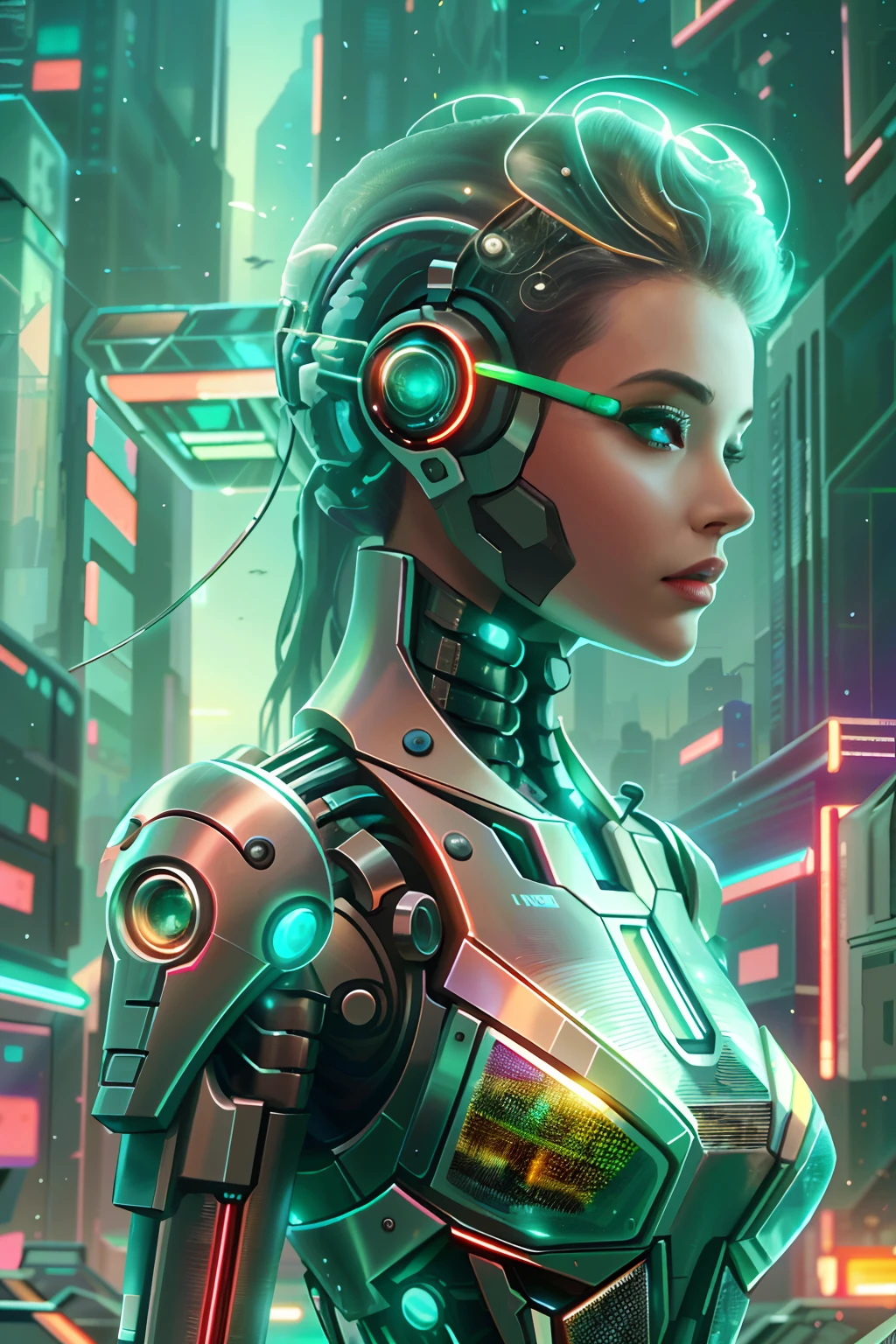 Futuristic woman in futuristic city with futuristic futuristic city in background, Translucent mechanical girl,Mechanical joints, Beautiful sci-fi art, Science-fi digital art illustration, Digital cyberpunk art, science fiction digital painting, futuristic digital painting, futuristic concept art, in front of a sci fi cityscape, science fiction digital art, Advanced digital cyberpunk art, dreamy cyberpunk girl
