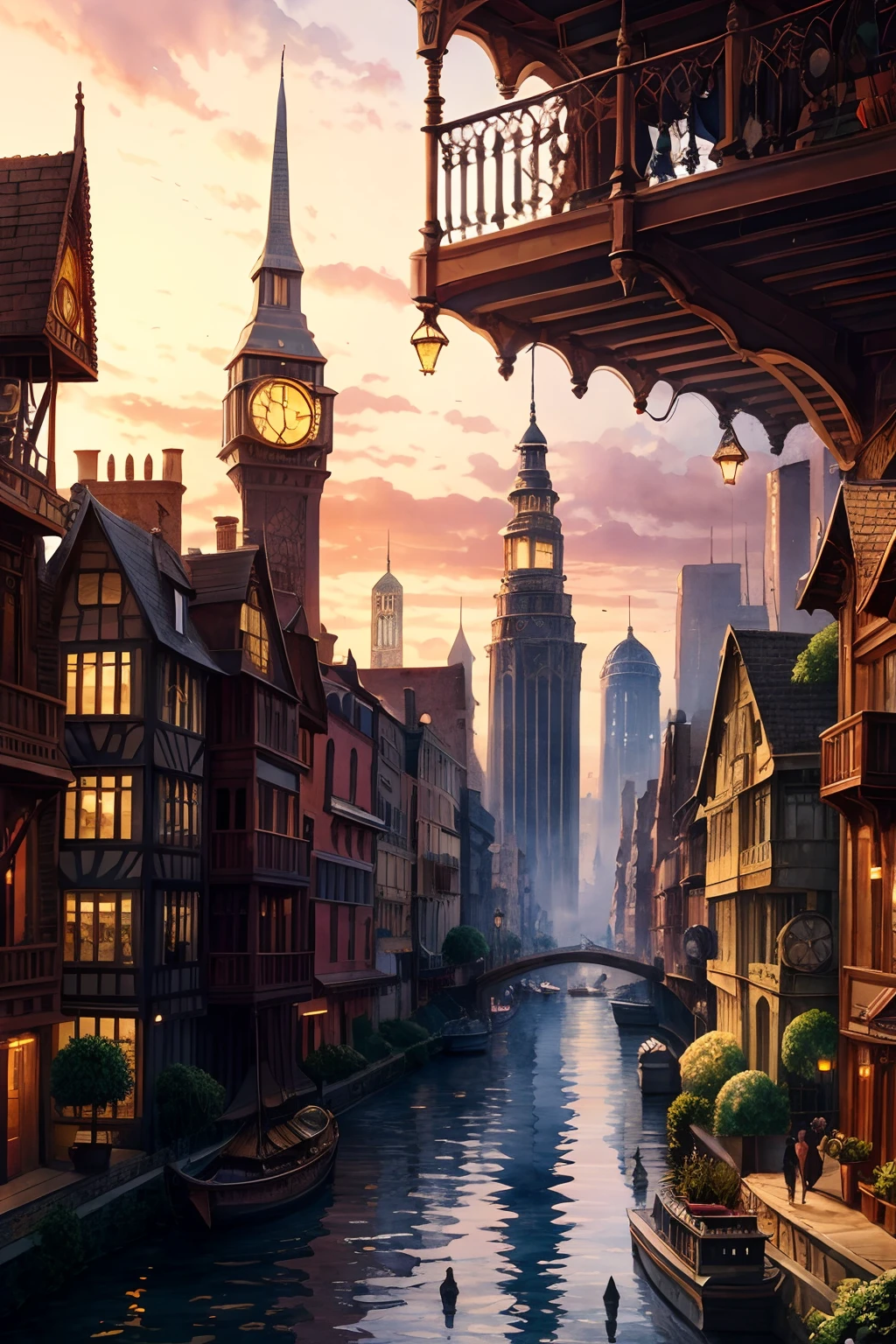 Steampunk city from afar, bronze and gold, watercolor, intricate detail, magical, unusual, beautiful but weird, steampunk airships, sunset