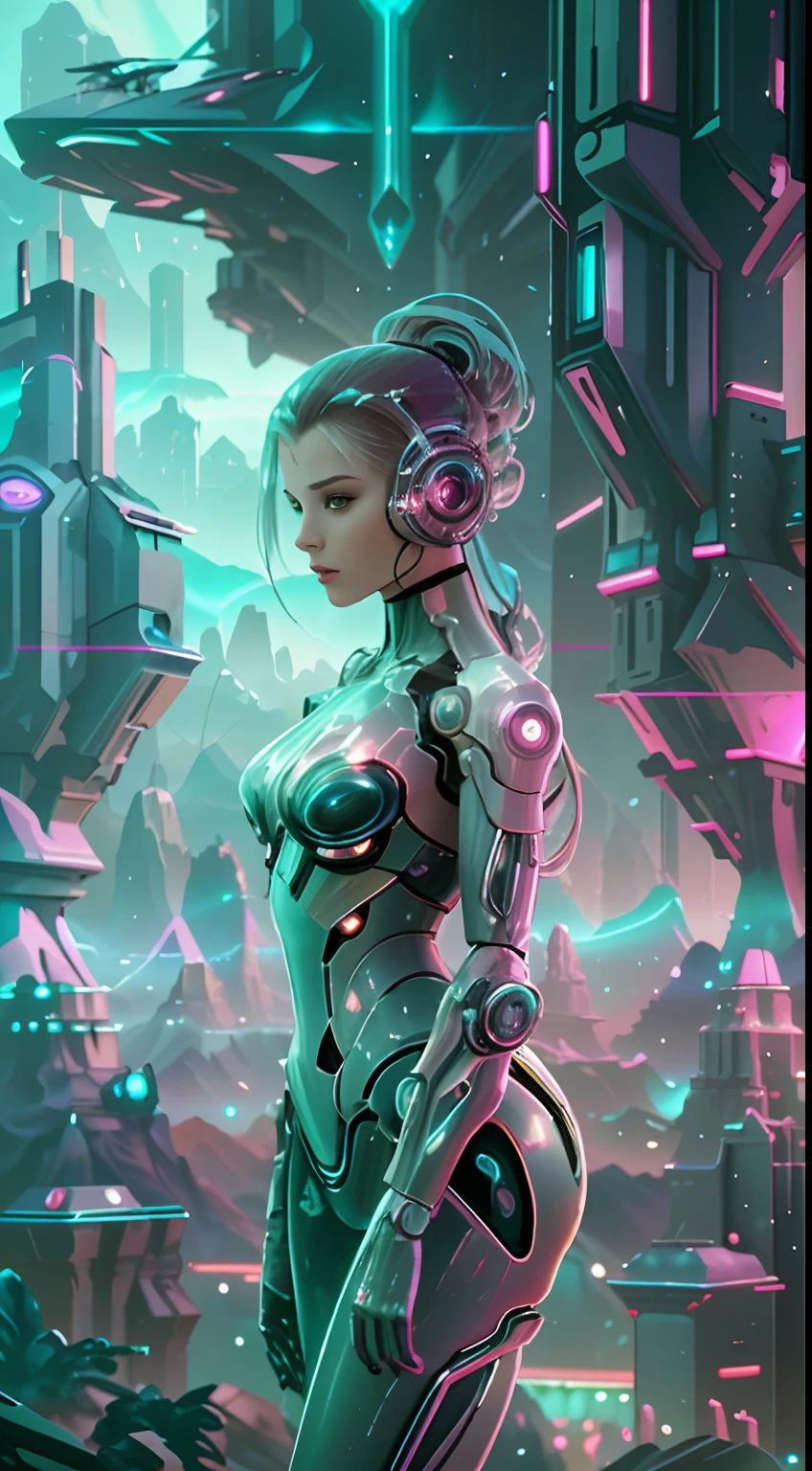 Translucent ethereal mechanical girl，Futuristic girl，Mechanical joints，futuristic urban background，Beautiful sci-fi art, Science-fi digital art illustration, Digital Cyberpunk Art, science fiction digital painting, futuristic digital painting, futuristic concept art, in front of a sci fi cityscape, science fiction digital art, Advanced digital cyberpunk art, dreamy cyberpunk girl