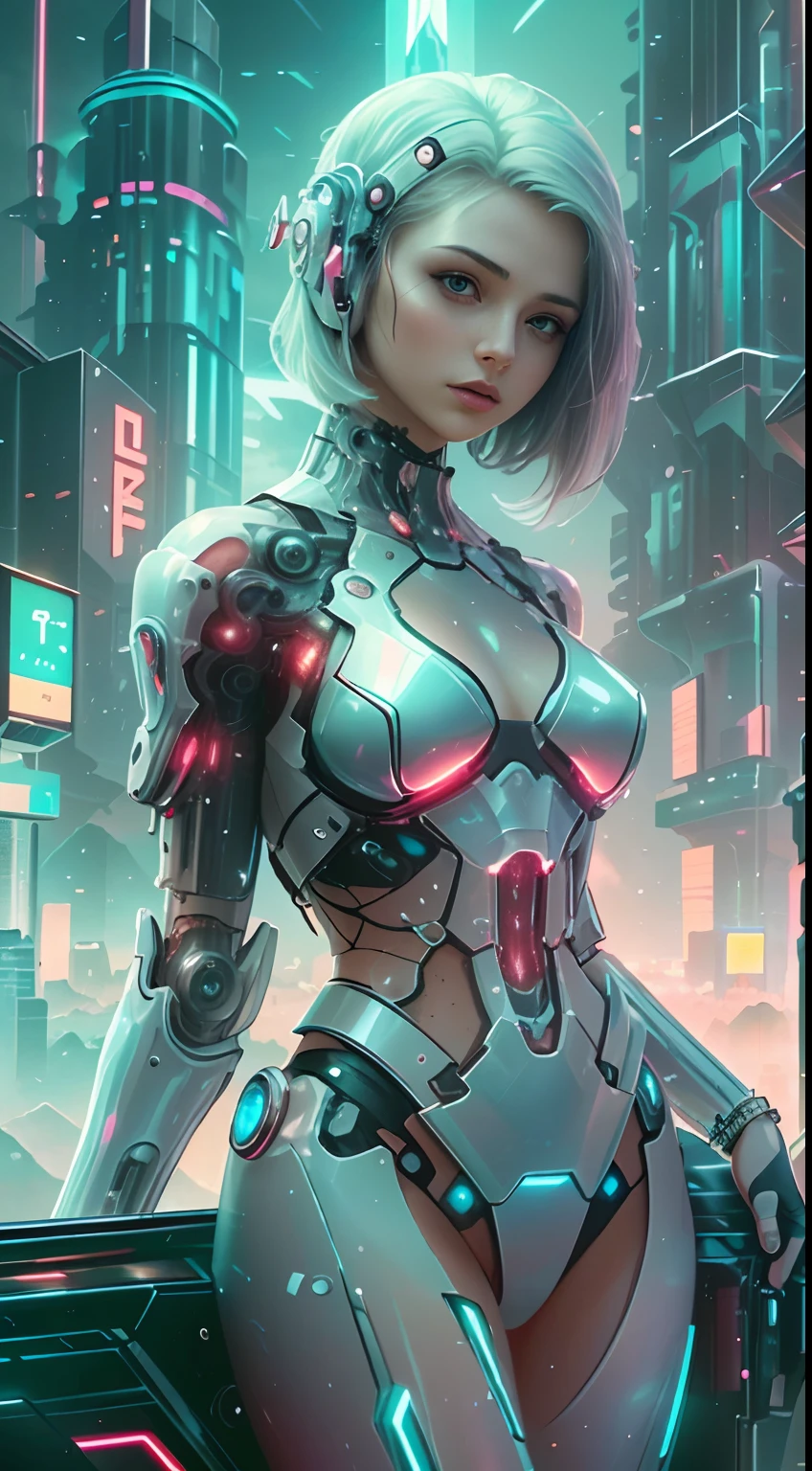Translucent ethereal mechanical girl，Futuristic girl，Mechanical joints，futuristic urban background，Beautiful sci-fi art, Science-fi digital art illustration, Digital Cyberpunk Art, science fiction digital painting, futuristic digital painting, futuristic concept art, in front of a sci fi cityscape, science fiction digital art, Advanced digital cyberpunk art, dreamy cyberpunk girl