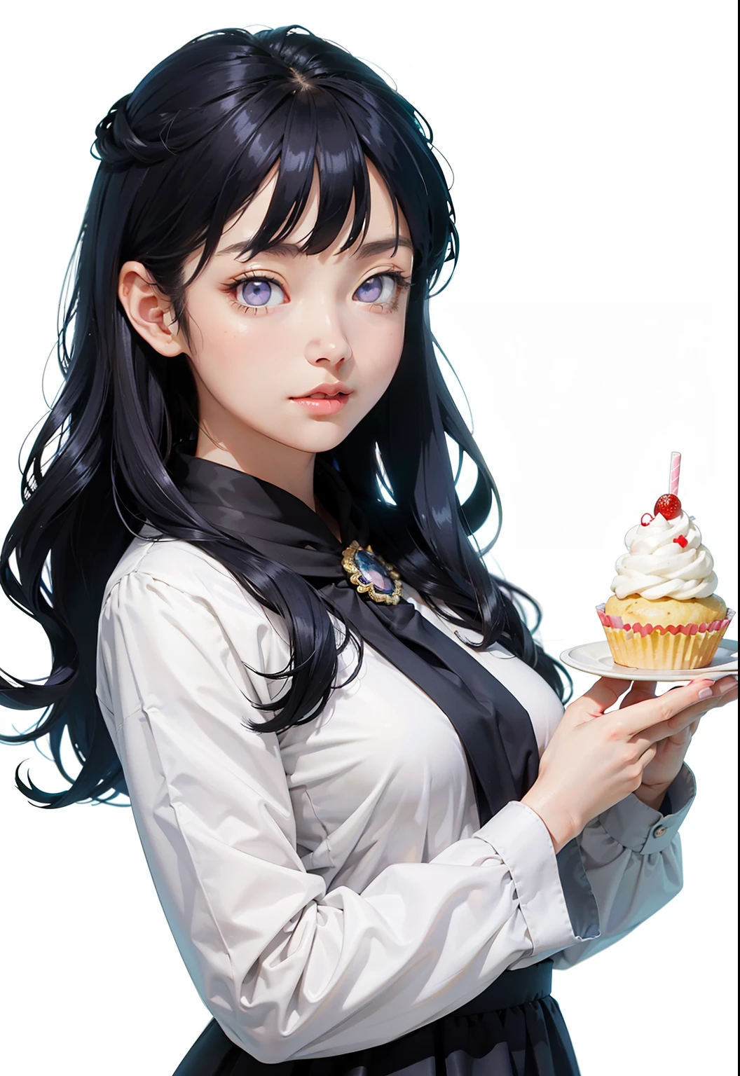 masterpiece, best quality, official art, hands on hips, 
1girl, happy, solo, full body, (standing on mini base:1.2), (white background, simple background:1.5), floating, surround of cakes and macaroon and doughnut and fluit and toys, teaset, (sparkle:1.1), (holding a lollipop), (cupcakes bigger than the character:1.2), girl on a plate , eyelashes,Blunt Bangs, purple eyes, long wavy dark blue hair