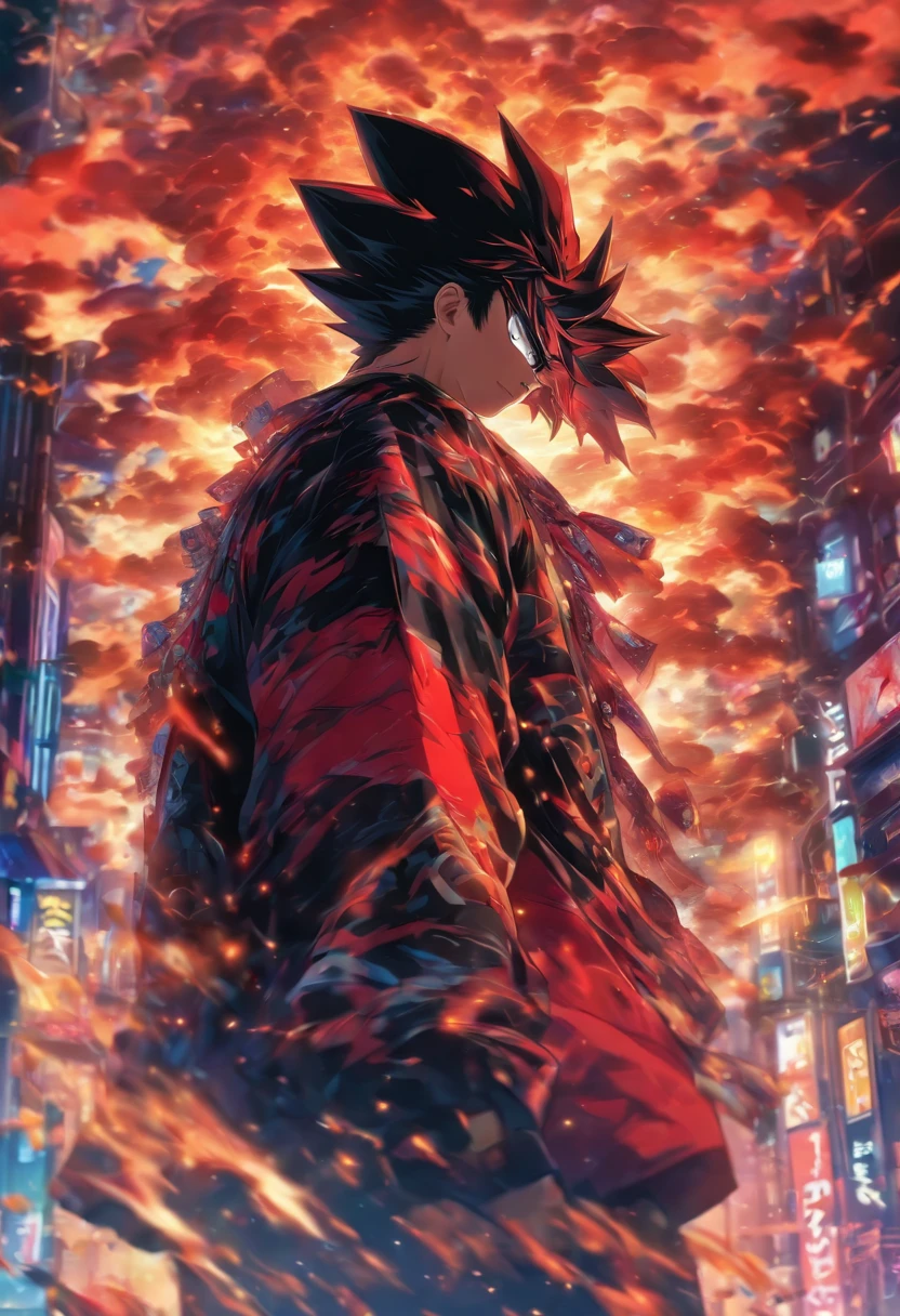 A man in a big black and red Boomber shirt, stunning style