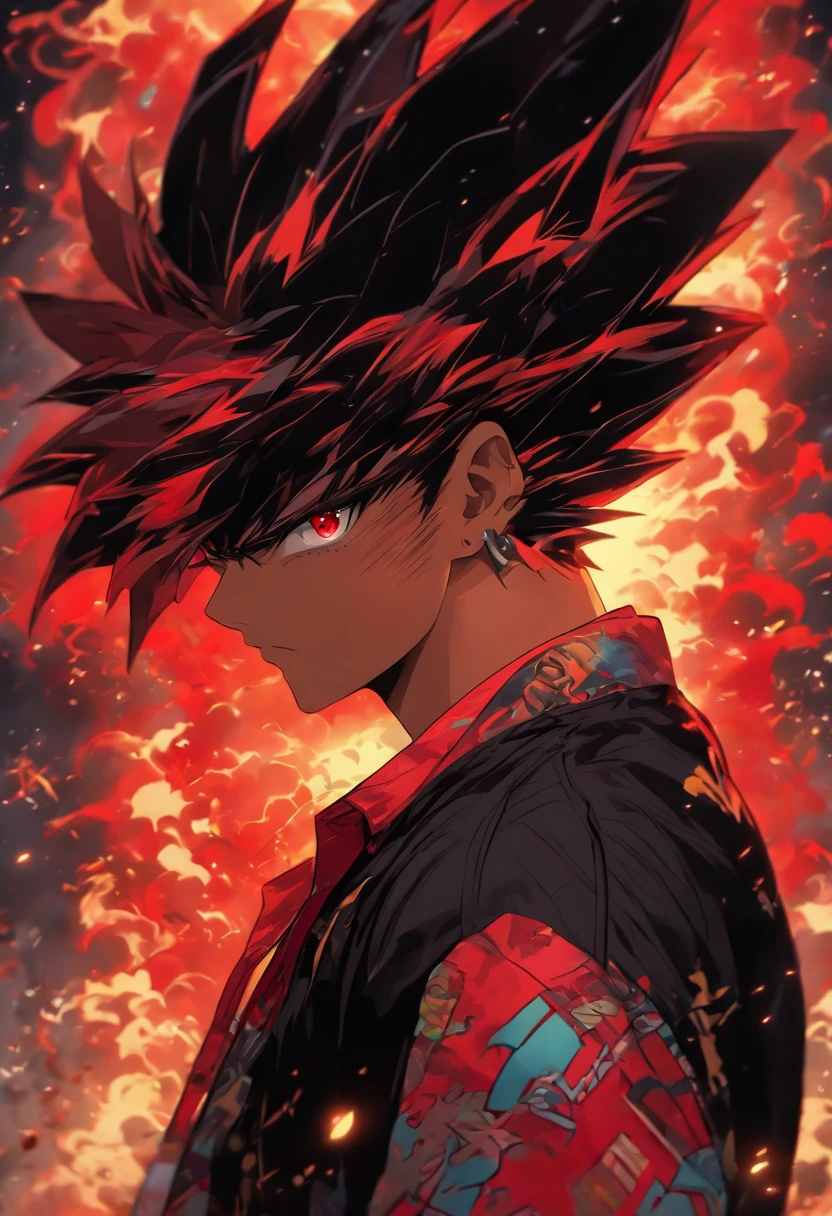 A man in a big black and red Boomber shirt, stunning style