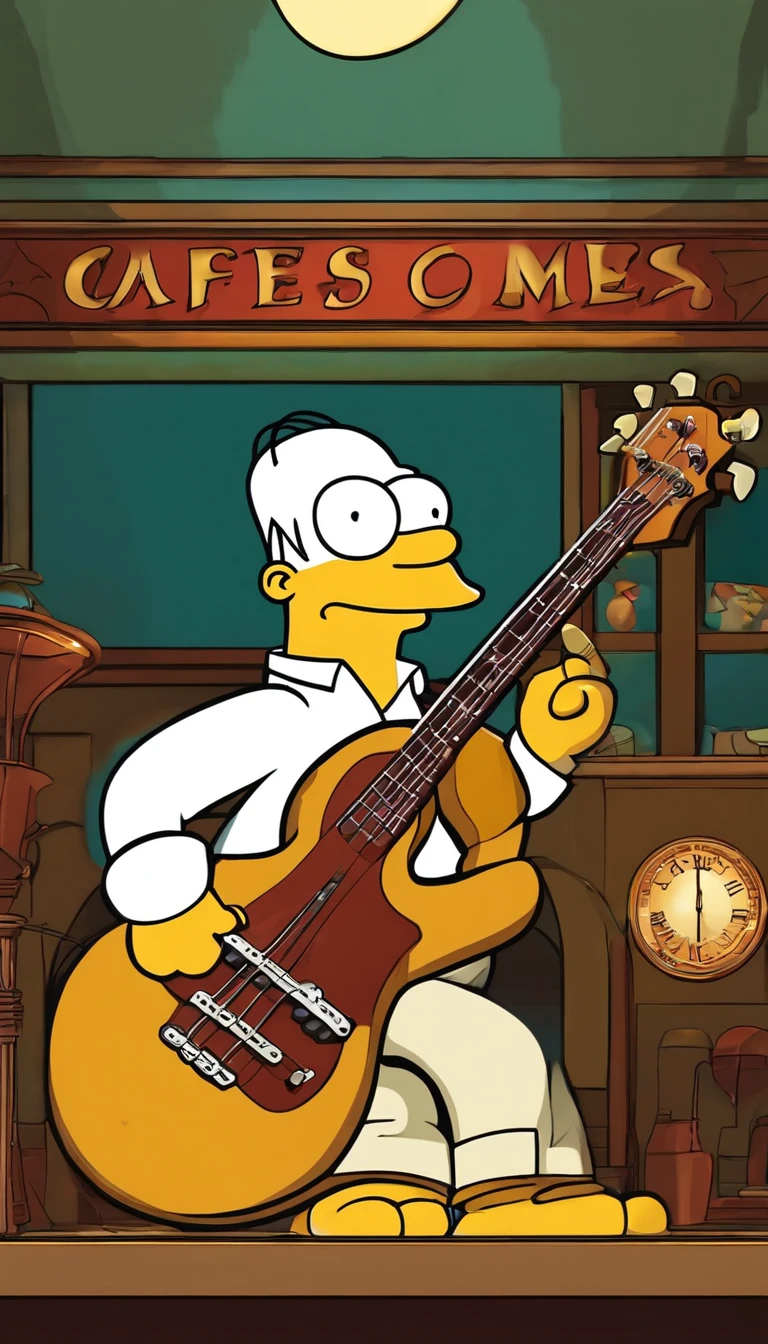 cafe shop,The Simpsons,Homer Simpson plays bass,homer simpson,The Simpsons animation style,dramatic lights,Dramatic action,Wonderful poster composition,Dramatic composition,Dramatic colors,Gorgeous stage,gorgeous lights,ornate backdrop,One guy,Play bass,funk music,