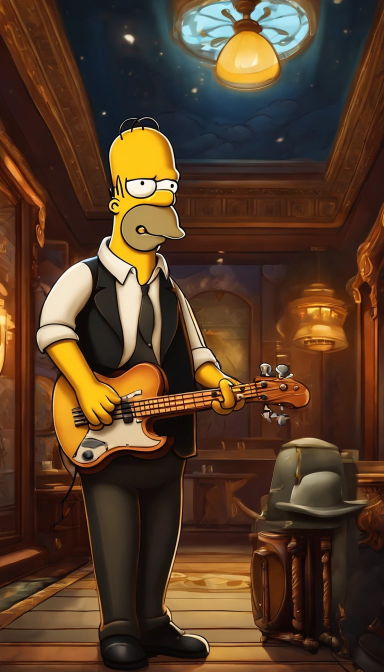 cafe shop,The Simpsons,Homer Simpson plays bass,homer simpson,The Simpsons animation style,dramatic lights,Dramatic action,Wonderful poster composition,Dramatic composition,Dramatic colors,Gorgeous stage,gorgeous lights,ornate backdrop,One guy,Play bass,funk music,