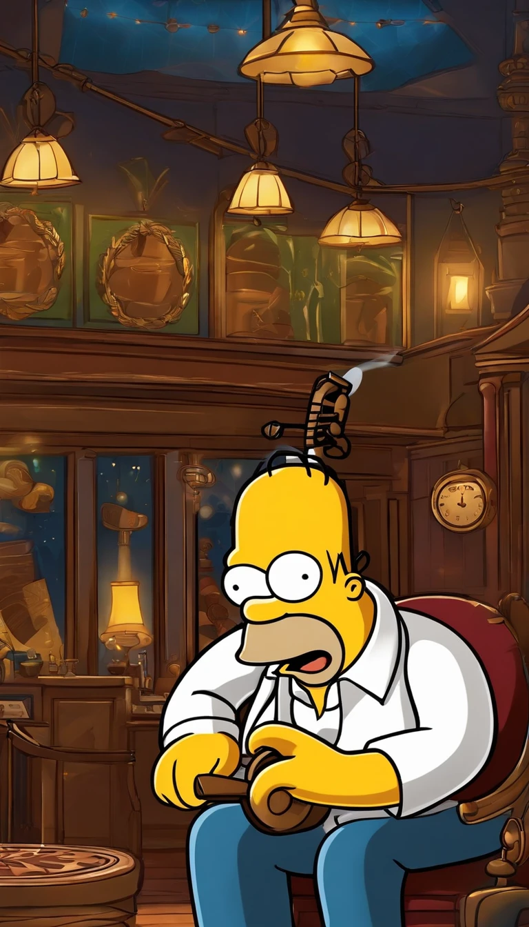 cafe shop,The Simpsons,Homer Simpson plays bass,homer simpson,The Simpsons animation style,dramatic lights,Dramatic action,Wonderful poster composition,Dramatic composition,Dramatic colors,Gorgeous stage,gorgeous lights,ornate backdrop,One guy,Play bass,funk music,