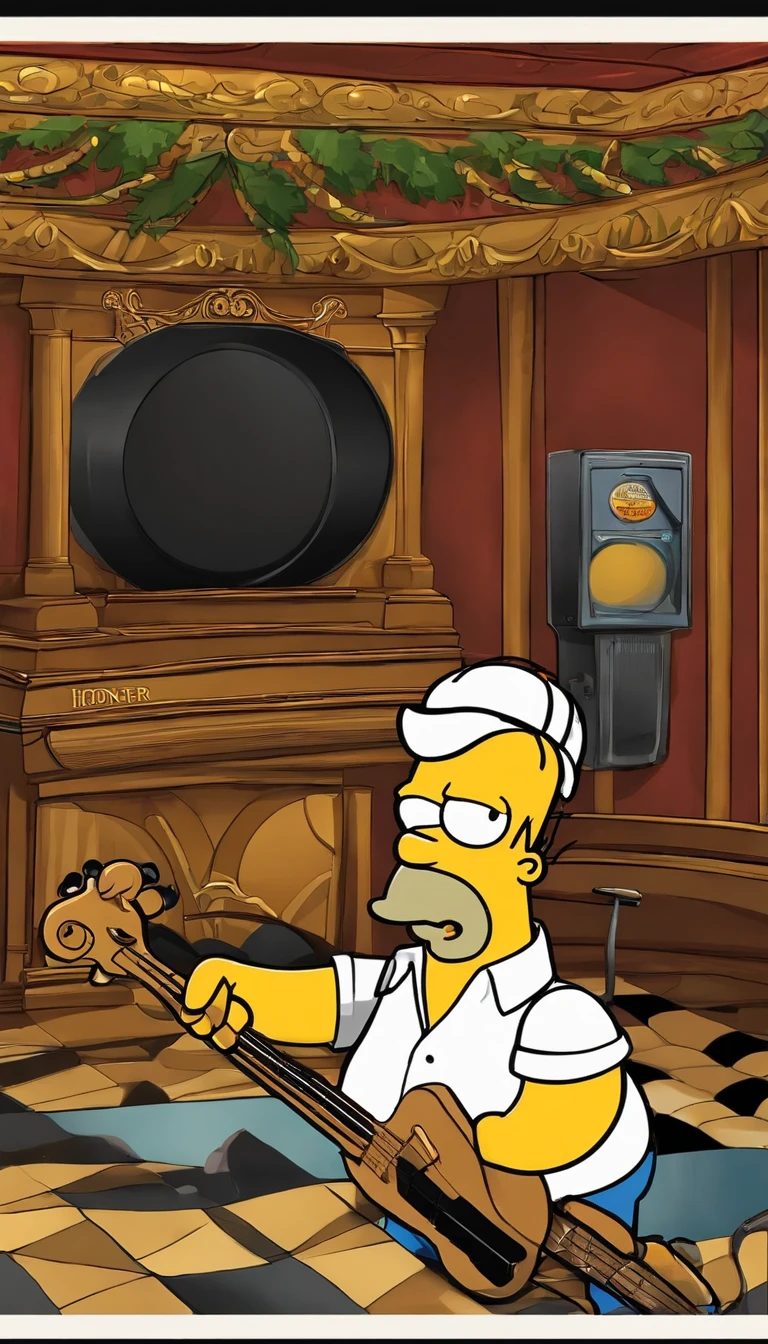 cafe shop，The Simpsons，Homer Simpson plays bass，homer simpson，The Simpsons animation style，dramatic lights，Dramatic action，Wonderful poster composition，Dramatic composition，Dramatic colors，Gorgeous stage，gorgeous lights，ornate backdrop，One guy，Play bass，funk music，