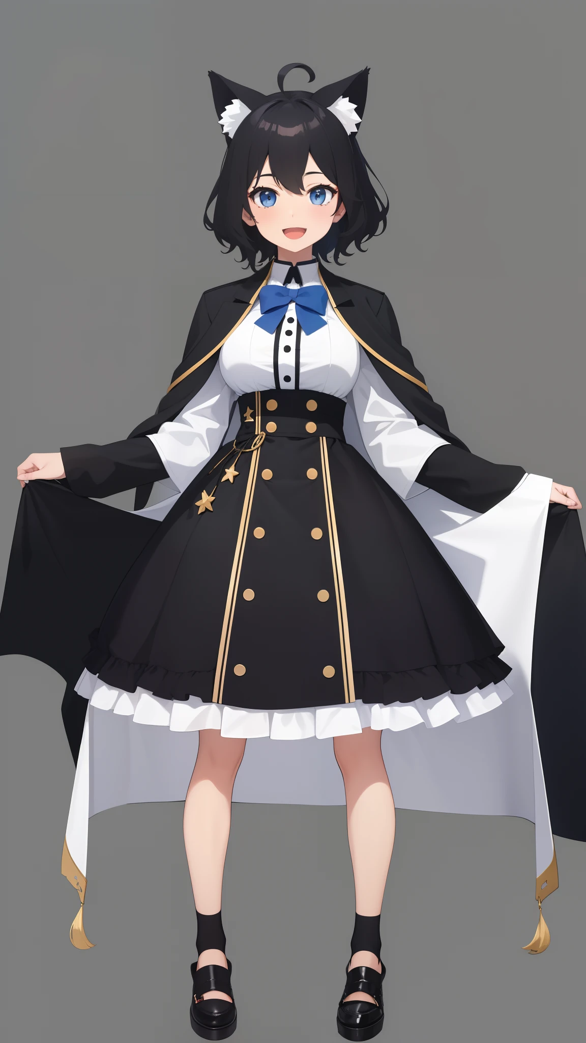 Full body,((((Upright)))), ((Arms at sides)), Looking at Viewer, simple background、White background, 1girl in, Open mouth, Smile, Virtual Youtuber、girl with、((Best Quality, high_resolution, Distinct_image)),(Black hair), (Black cat ears), (Ahoge), (absurdly short hair), (Wavy Hair), (Blue eyes),、A smile、Very big breasts,(wearing shoes on feet)、concept-art、View Viewer。military outfits。Wearing a cape。