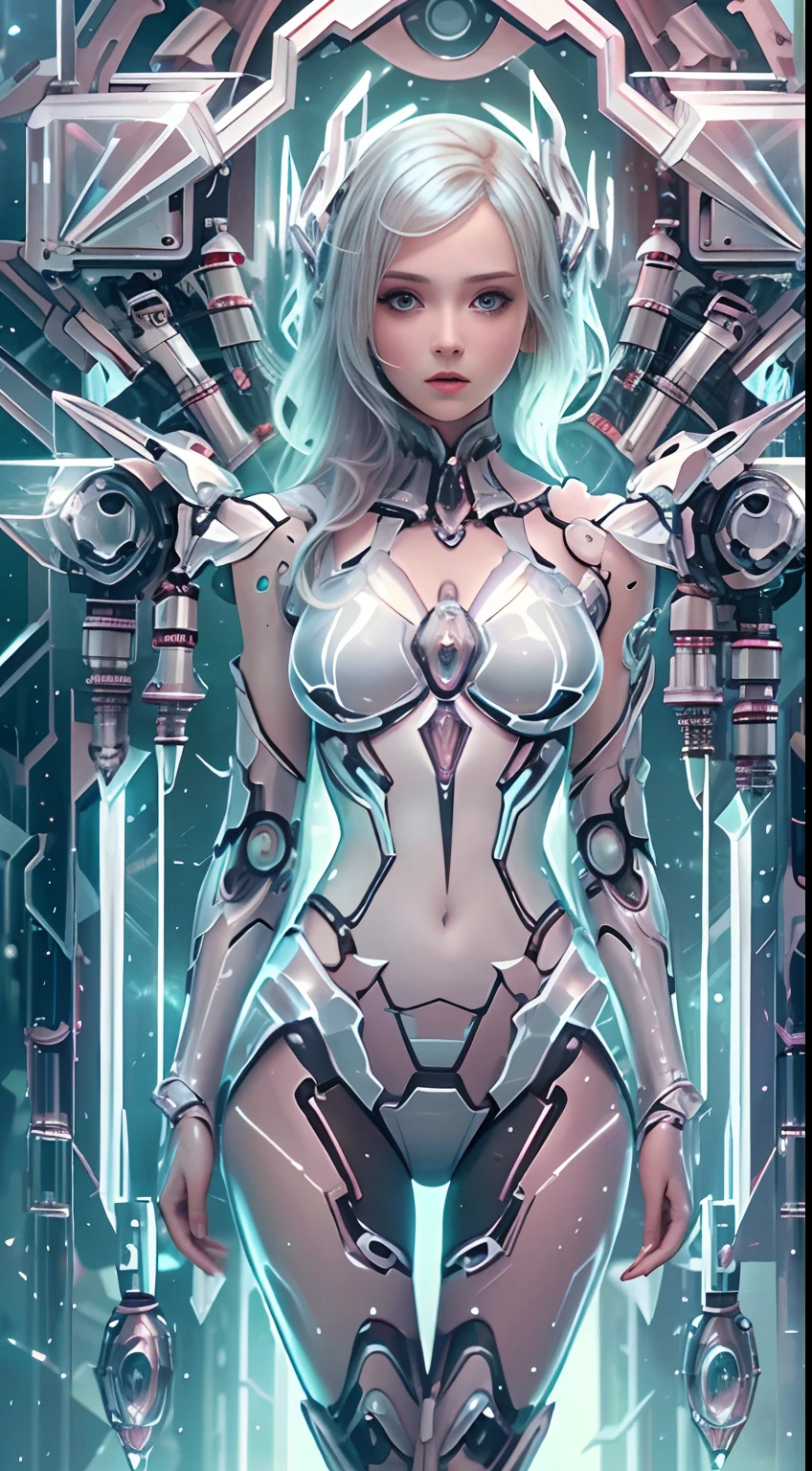 Translucent ethereal mechanical girl,Futuristic girl,Mechanical joints,futuristic urban background