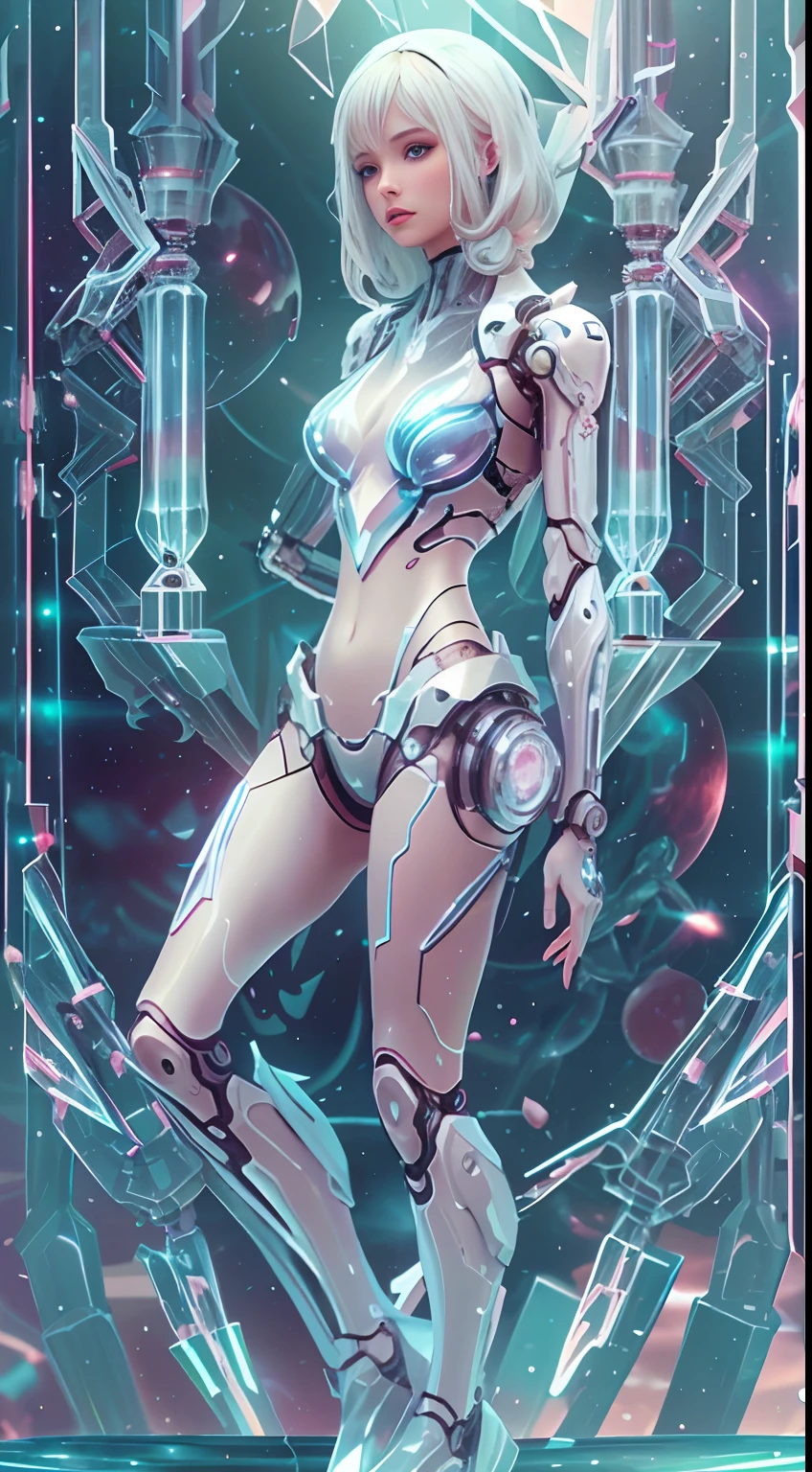 Translucent ethereal mechanical girl，Futuristic girl，Mechanical joints，futuristic urban background