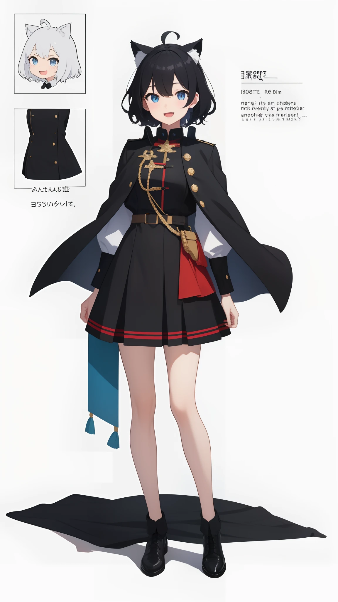 Full body,((((Upright)))), ((Arms at sides)), Looking at Viewer, simple background、White background, 1girl in, Open mouth, Smile, Virtual Youtuber、girl with、((Best Quality, high_resolution, Distinct_image)),(Black hair), (Black cat ears), (Ahoge), (absurdly short hair), (Wavy Hair), (Blue eyes),、A smile、Very big breasts,(wearing shoes on feet)、concept-art、View Viewer。military outfits。Wearing a cape。