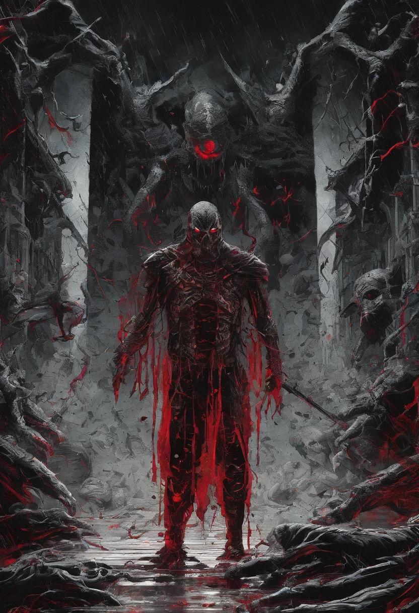 reelhorror, <lora:weirdreelhorror_v1_2:1> humanoid, dismembered, hazmat suit, multiple arms, open mouth, multiple heads, teeth, (multiple eyes:1.2), flesh, drooling, looking at viewer, lying, blood, tentacles, injury, realistic, death, outdoors, forest, night,full-length shot, trash, pov scene, pov, horror,