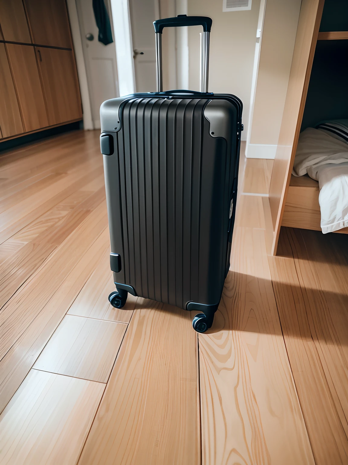 On the floor of the room was a suitcase, Luggage, in suitcase, full - length view, the other is used for flight, medium wide front shot, full body wide shot, with two front pockets, front side full, a wide full shot, taken with a Sony A7R camera, height of 165cm, komono