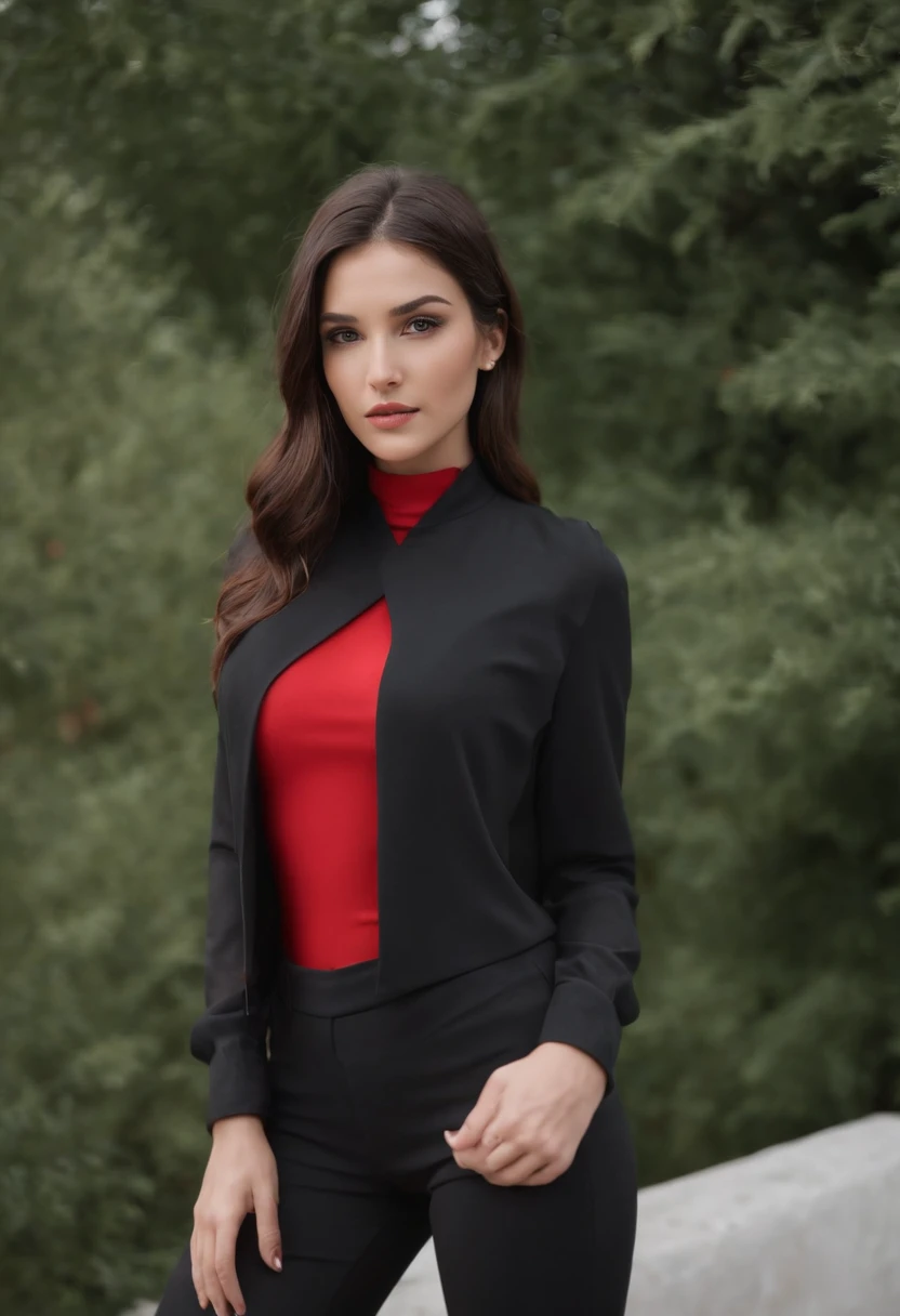 emilisia gomezi, tall, gorgeous, spanish descent, age 23, smooth skin, black hair. red color turtle neck, black fitting pants, simple silver necklace, working at the underground base, highly detailed, well lit, 8k, reviewing artifacts, holding a long whip. amazing detail, slim curvy, tall