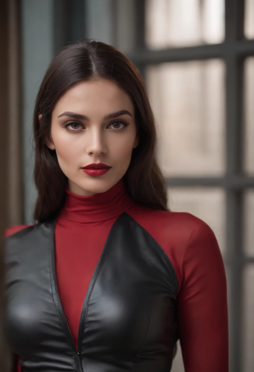 emilisia gomezi, tall, gorgeous, spanish descent, age 23, smooth skin, black hair. red color turtle neck, black fitting pants, simple silver necklace, working at the underground base, highly detailed, well lit, 8k, reviewing artifacts, holding a long whip. amazing detail, slim curvy, tall