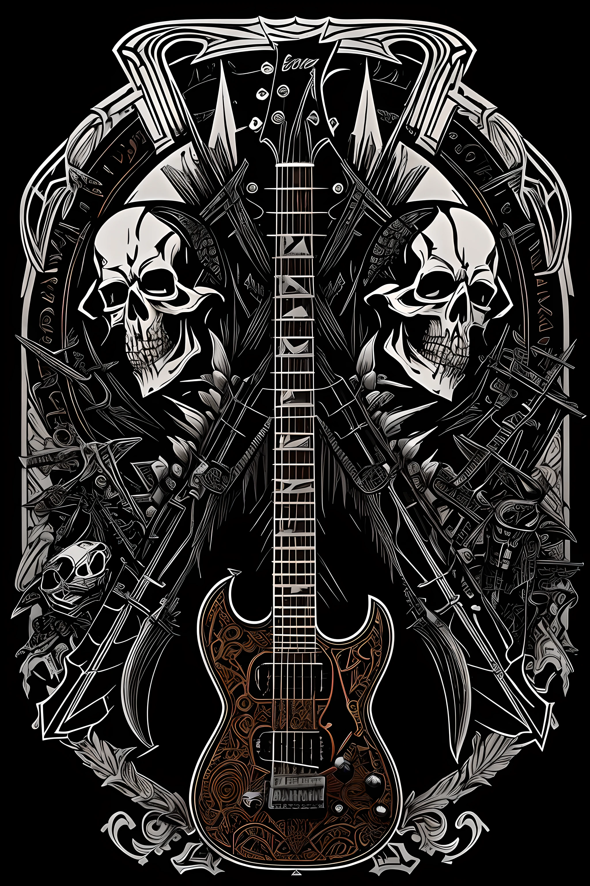 Create a sticker-style illustration or T-shirt print featuring a heavy metal guitarist skeleton. Ensure there is no background in the design. Pay meticulous attention to (((intricate details))) such as the skeleton's bones, the guitar, and any accessories. Aim for ((extreme detail quality)) to make the design visually impactful. Craft a ((dynamic composition)) that embodies the spirit of heavy metal music. Utilize a color palette that complements the dark and edgy vibe of heavy metal.