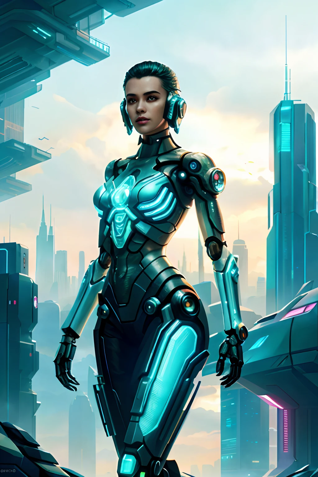 Futuristic woman in futuristic city with futuristic futuristic city in background, Translucent mechanical girl，Mechanical joints, Beautiful sci-fi art, Science-fi digital art illustration, Digital Cyberpunk Art, science fiction digital painting, futuristic digital painting, futuristic concept art, in front of a sci fi cityscape, science fiction digital art, Advanced digital cyberpunk art, dreamy cyberpunk girl