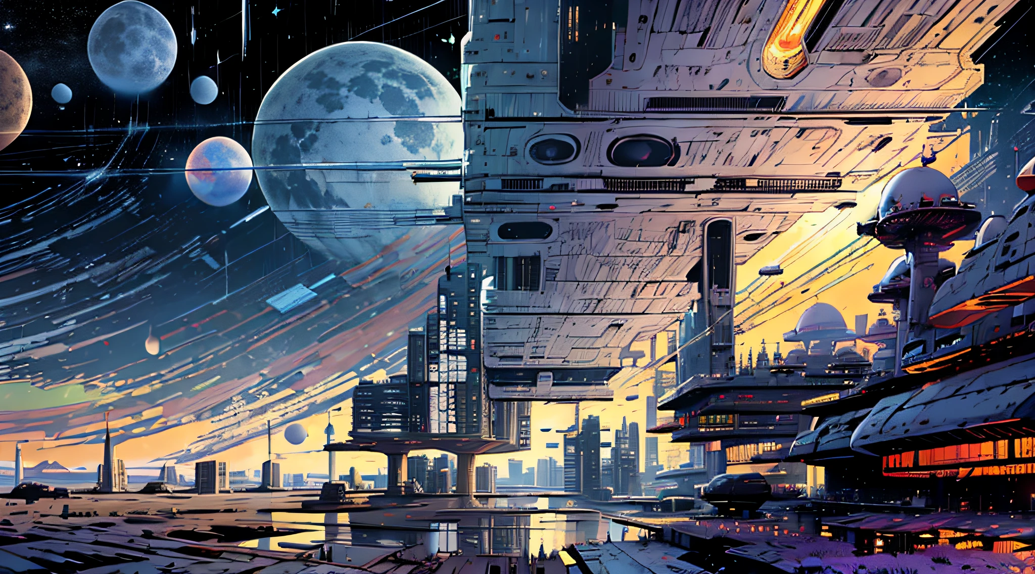 PANORAMIC scenery, drone view, ELITE PROFESSIONAL ARCHITECTURAL RENDERING, ZAHA HADID SYTLE, good WEATHER, SUNNY DAY, sky, clouds, spaceships, fighter jets, 8K, multiple moons, shooting stars UHD