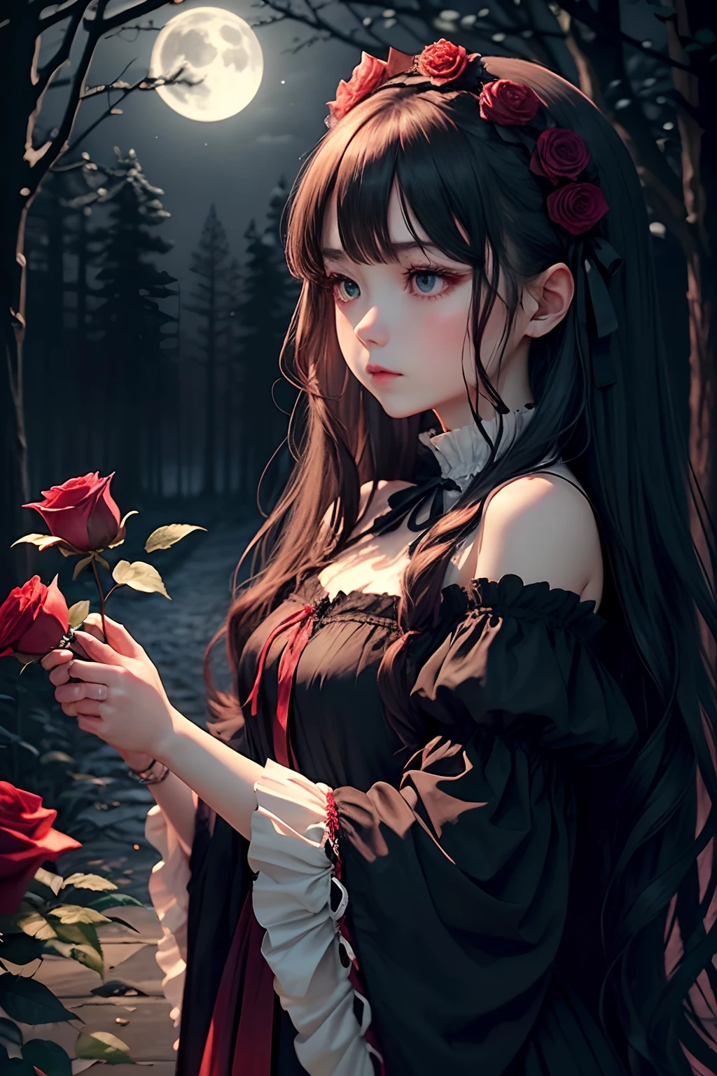 Dark and eerie forest、Full moon in the night sky、Scattering Red Roses、Wrist Trumpet Sleep、Ruffled sleeves、Wide open sleeves at the wrist、medieval Europe、Big bright eyes、fleeting、bow ribbon、Straight Long Hair、