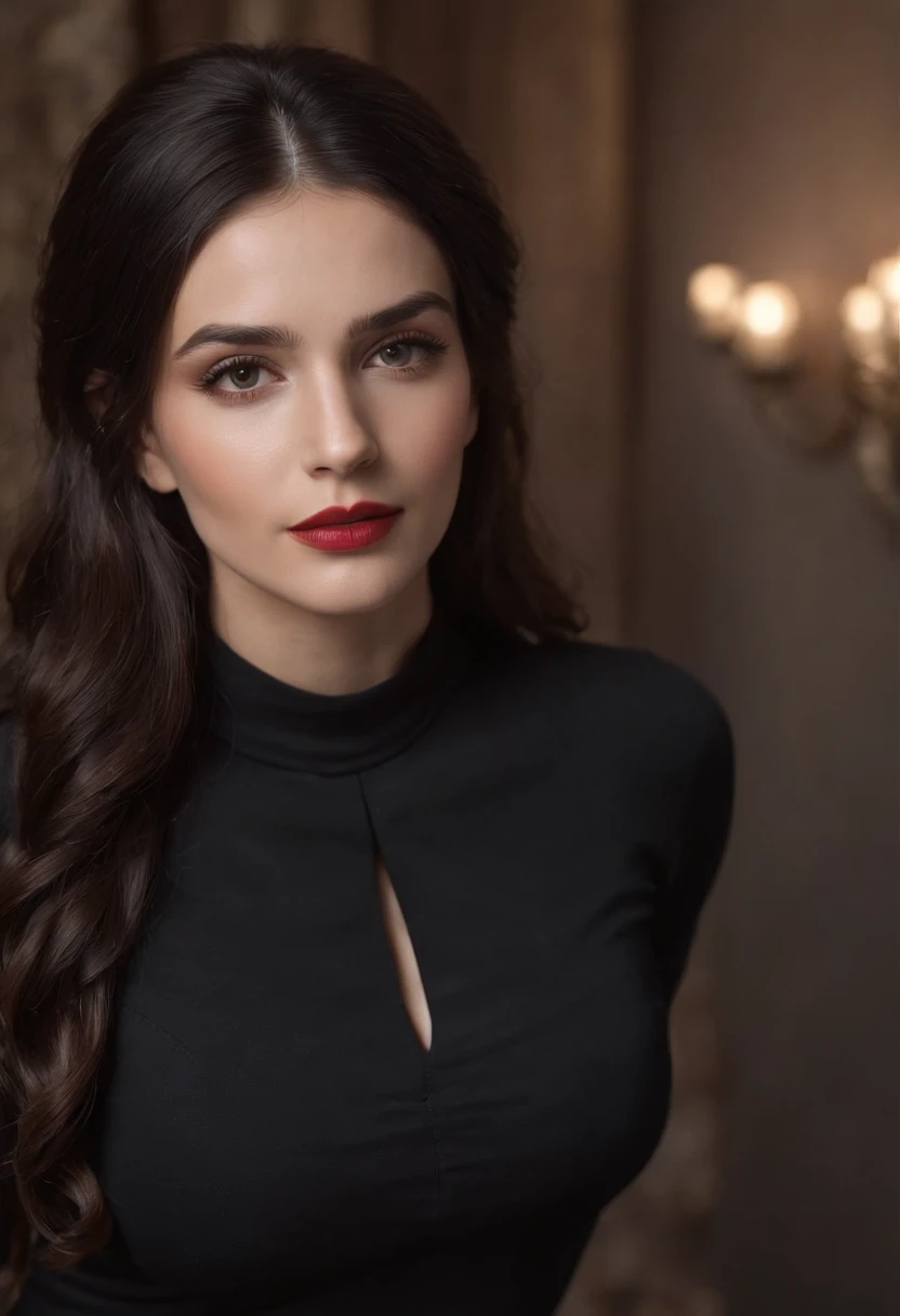 emilisia gomezi, tall, gorgeous, spanish descent, age 23, smooth skin, black hair. red color turtle neck, black fitting pants, simple silver necklace, working at the underground base, highly detailed, well lit, 8k, reviewing artifacts, holding a long whip. amazing detail, slim curvy, tall, wearing red, cleavage