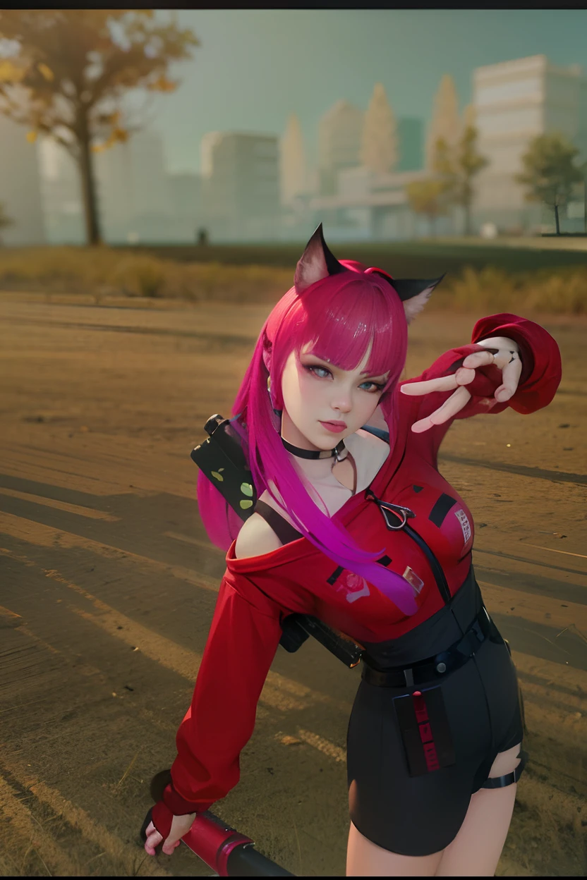 there is a woman with pink hair and a backpack posing for a picture, as a character in tekken, attractive cat girl, <mmorpgs scene, fox nobushi, spellcasting pose, badass pose, vrchat, new character, anime style. 8k, cat girl, in game, doing a sassy pose, girl with cat ears, woman with cat ears