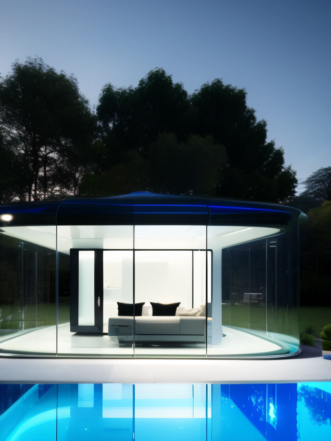 House, Apple Shaped Glass House, Modern, Dynamic (RAW, True, Best Quality, Masterpiece: 1.2), (Ultra Realistic, Photorealistic: 1.2), High Quality, (Darklight: 1.2), Perfect Light, Archdaily