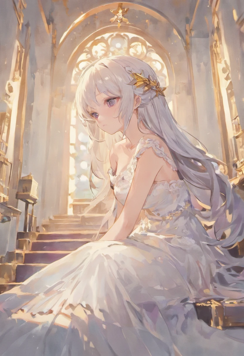 Best quality, highly detailed, masterpiece, ultra detailed, (reality: 1.2), 1 girl, (white background), simple background, delicate eyes, silver hair, purple eyes, hair_ornament, (white off-the-shoulder shirt: 1.3), long hair, pointy_ears, crown_braid, expressionless, straight hair, (++ sitting: 1.2), room,