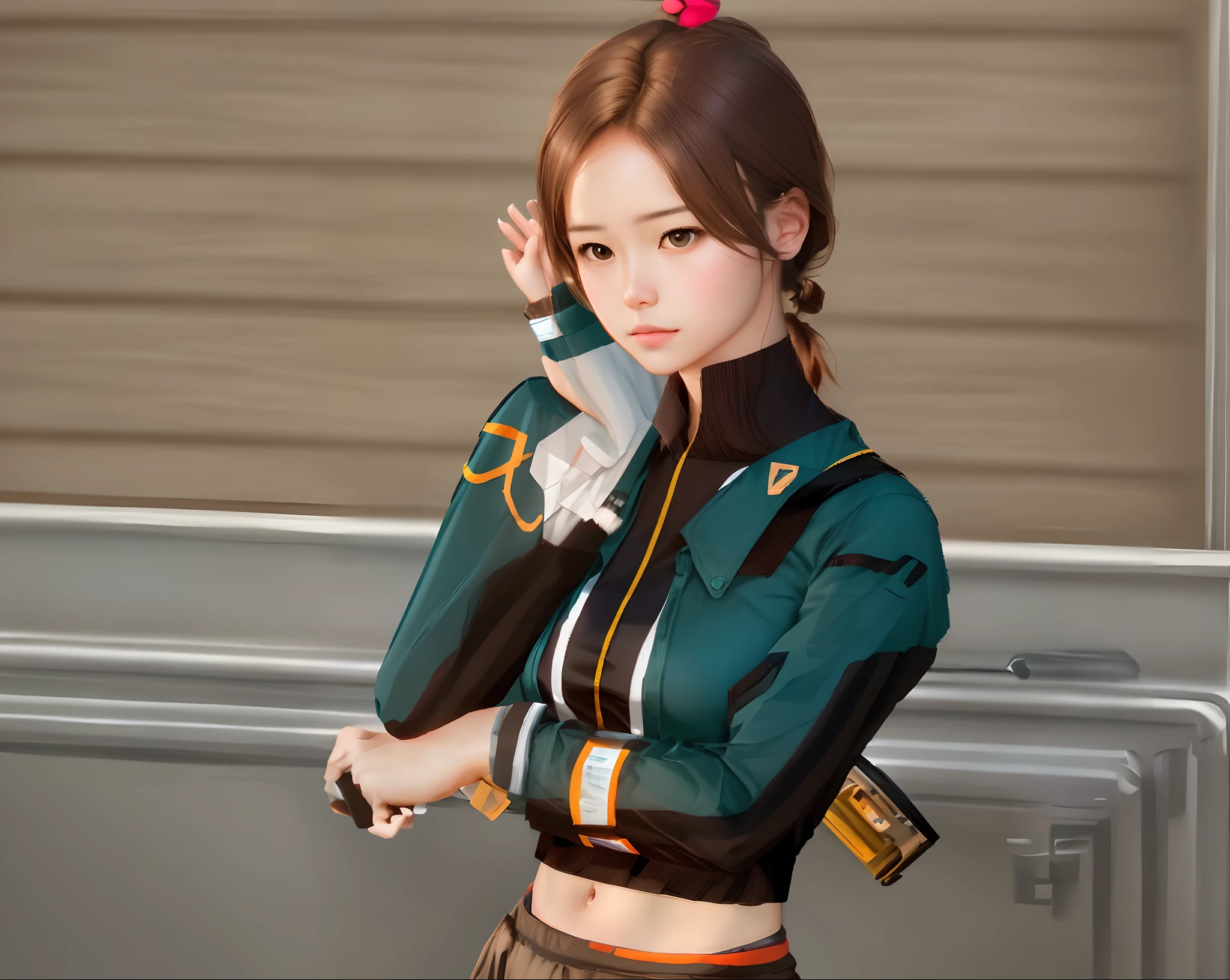 1girl, Brown hair, teal shirts, asian, realistic