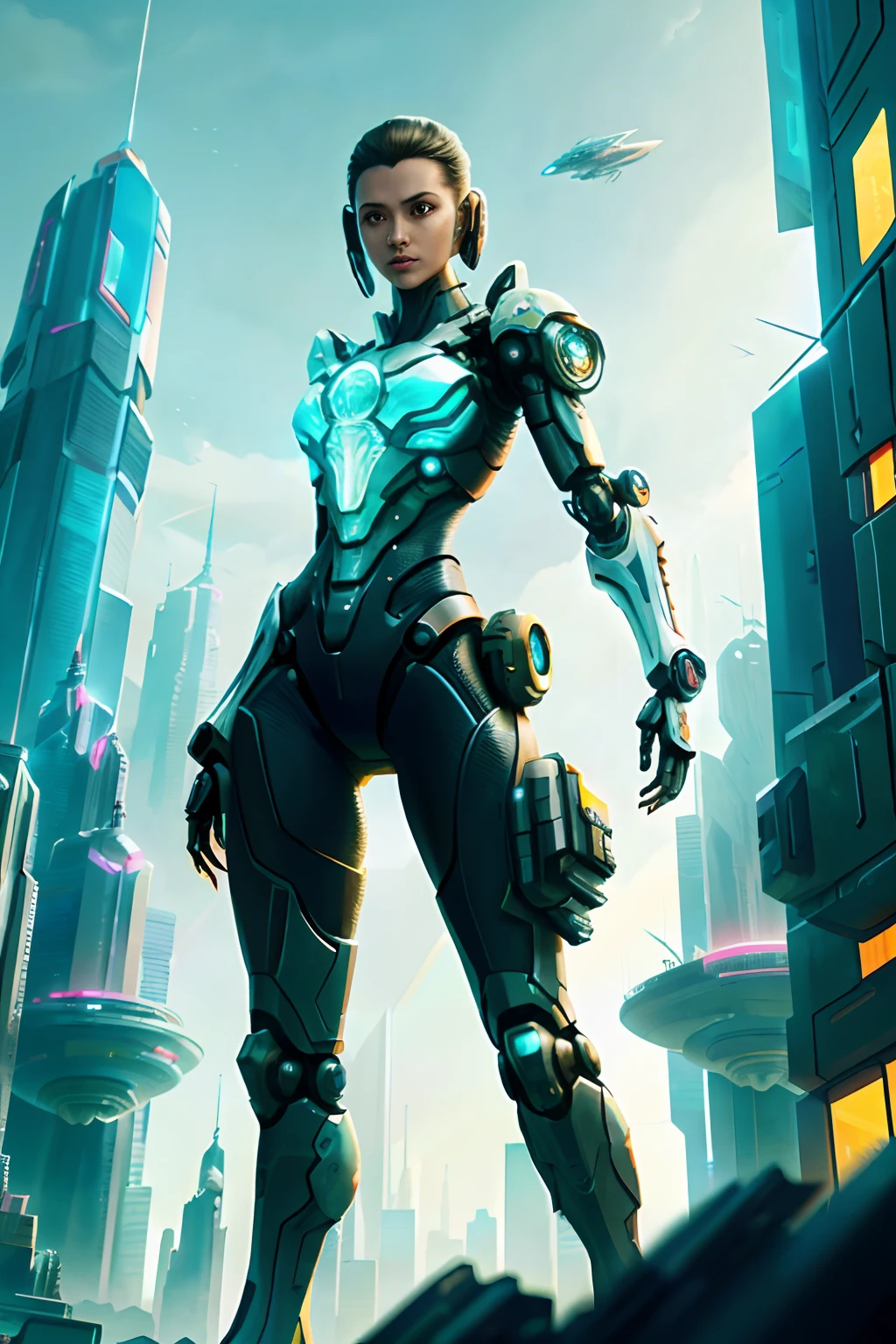 Futuristic woman in futuristic city with futuristic futuristic city in background, Translucent mechanical girl，inspired by Marek Okon, Beautiful sci-fi art, Science-fi digital art illustration, Digital cyberpunk anime art, science fiction digital painting, futuristic digital painting, futuristic concept art, in front of a sci fi cityscape, science fiction digital art, Advanced digital cyberpunk art, dreamy cyberpunk girl