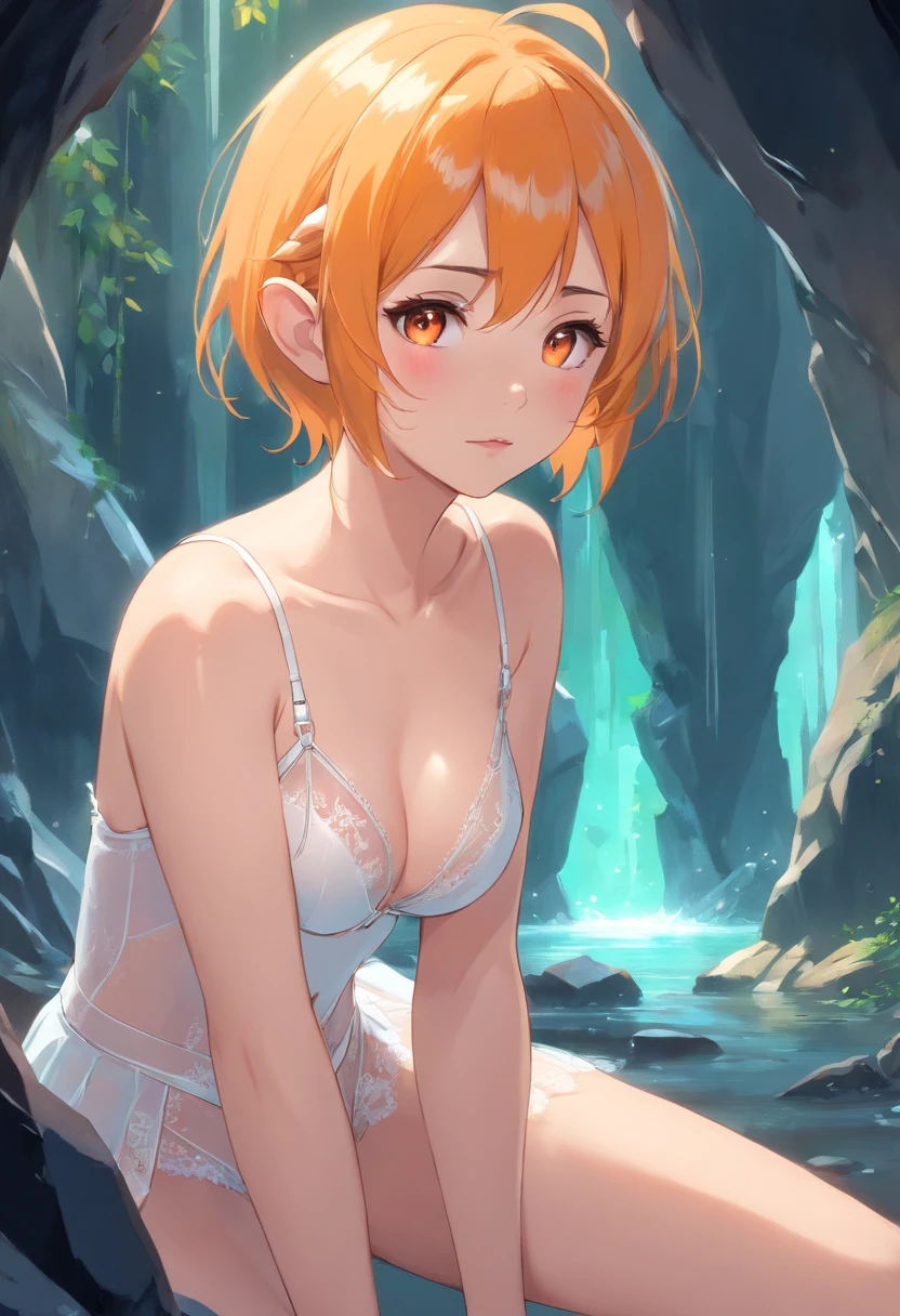 Anime, Elf, Colorless short hair, in white (erotic lingerie), In a cave, close-up, full body, Playboy pose, friend, 8K, orange eye color, Oil painting style, Soft lighting, sexy pose, vulgar face (embarrassment , blush),