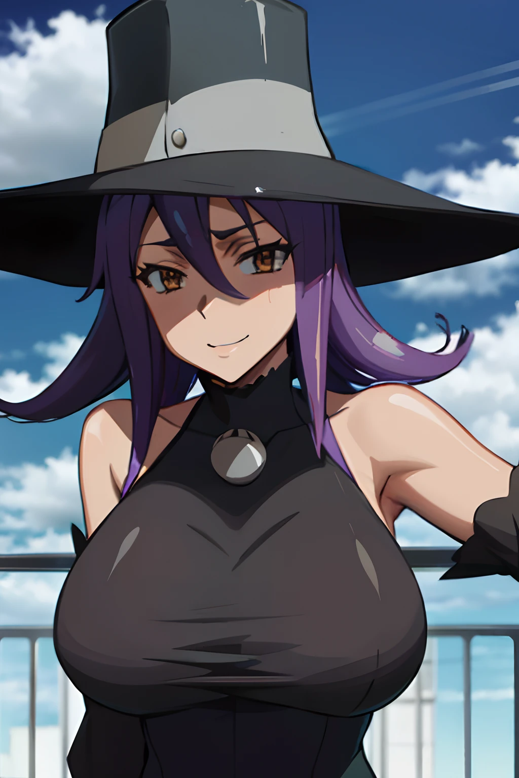 best quality, masterpiece, upper body, blair's hat, curls, black dress, detached sleeves,highschoolofthedead, smile, huge breasts, curvy,hard