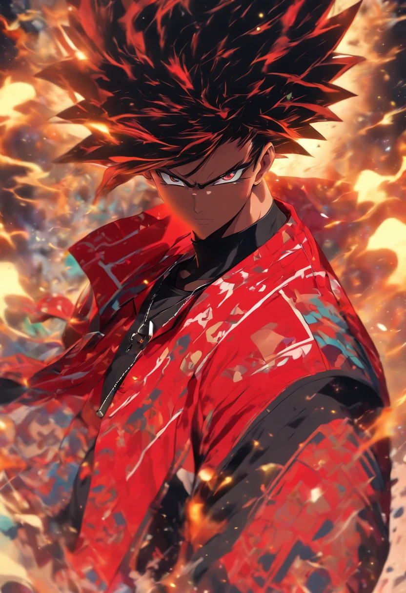 A man in a big black and red Boomber shirt, stunning style