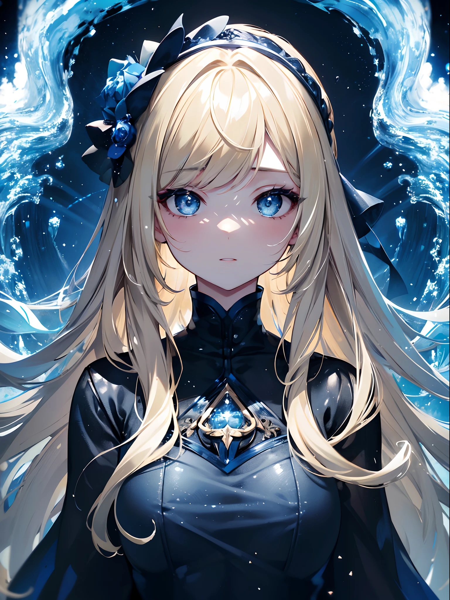 (Masterpiece, Best quality, ultra high resolution),1girl, Blonde hair,dress, beautiful and detailed face, detailed eyes,in the ocean of stars,(grey and blue theme)