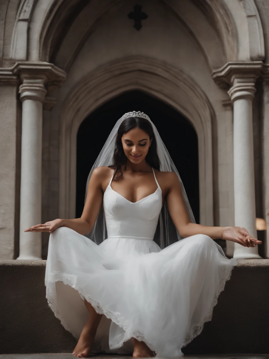 Woman with sculptural body is outside a church sitting on ground with legs spreading toward the camera, She's in front of the church ,She has a cheerful face , she's wearing a bridal veil, With and bra.na cor branca, ,nsfw, she's standing staring into the camera, She's looking into the camera and putting one hand on her waist., Realistic image in 4K resolution