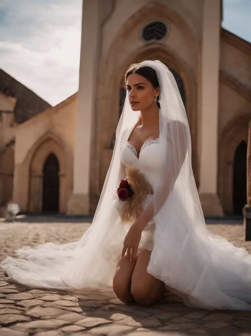 Woman with sculptural body is outside a church sitting on ground with legs spreading toward the camera, She's in front of the church ,She has a cheerful face , she's wearing a bridal veil, With and bra.na cor branca, ,nsfw, she's standing staring into the camera, She's looking into the camera and putting one hand on her waist., Realistic image in 4K resolution
