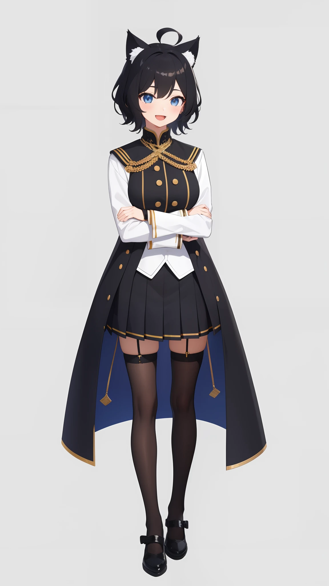 Full body,((((Upright)))), ((((Arms at sides)))), Looking at Viewer, simple background、White background, 1girl in, Open mouth, Smile, Virtual Youtuber、girl with、((Best Quality, high_resolution, Distinct_image)),(Black hair), (Black cat ears), (Ahoge), (absurdly short hair), (Wavy Hair), (Blue eyes),、A smile、Very big breasts,(wearing shoes on feet)、concept-art、((View Viewer))。military outfits。Wearing a cape。