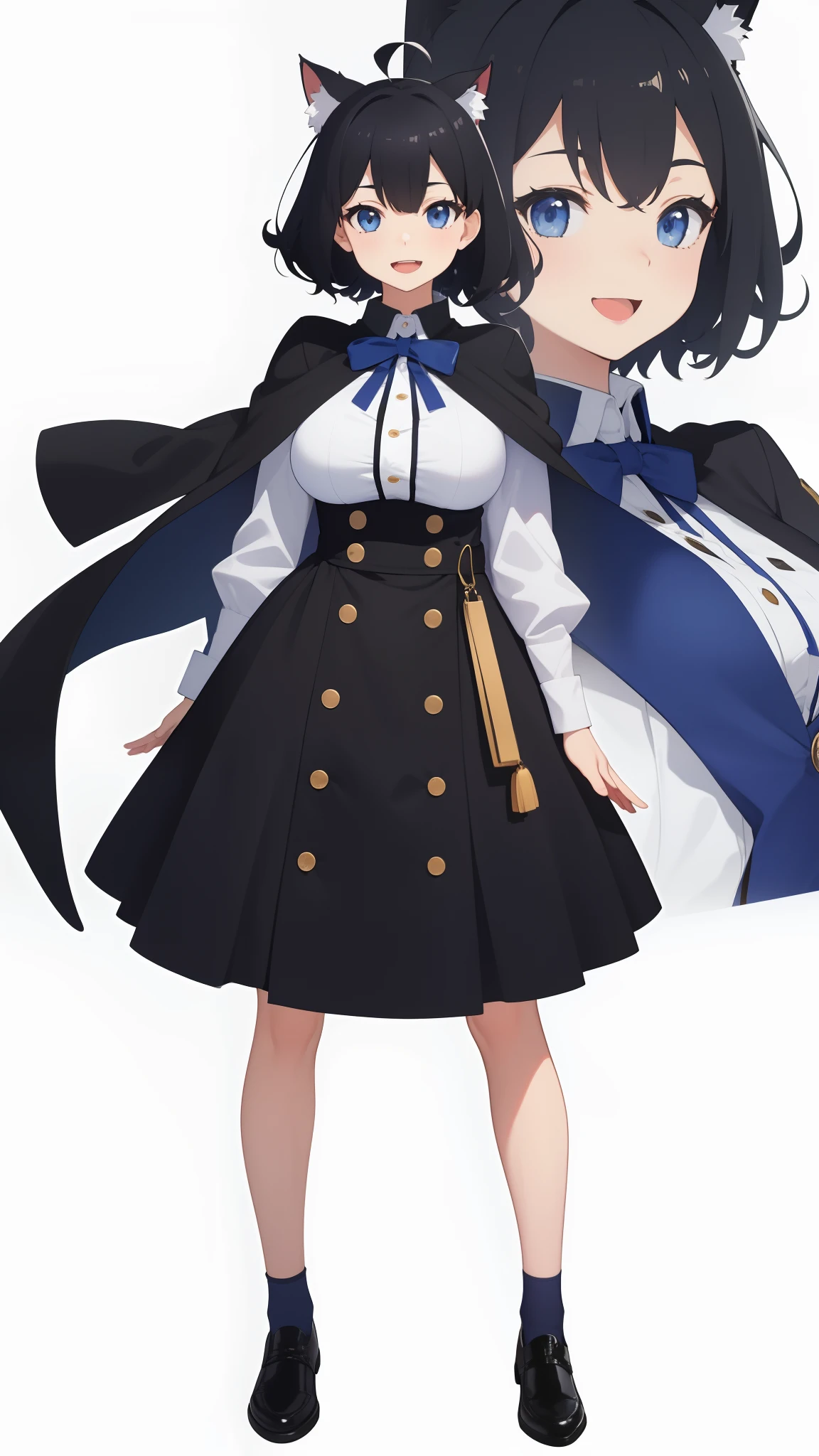 Full body,((((Upright)))), ((((Arms at sides)))), Looking at Viewer, simple background、White background, 1girl in, Open mouth, Smile, Virtual Youtuber、girl with、((Best Quality, high_resolution, Distinct_image)),(Black hair), (Black cat ears), (Ahoge), (absurdly short hair), (Wavy Hair), (Blue eyes),、A smile、Very big breasts,(wearing shoes on feet)、concept-art、((View Viewer))。military outfits。Wearing a cape。