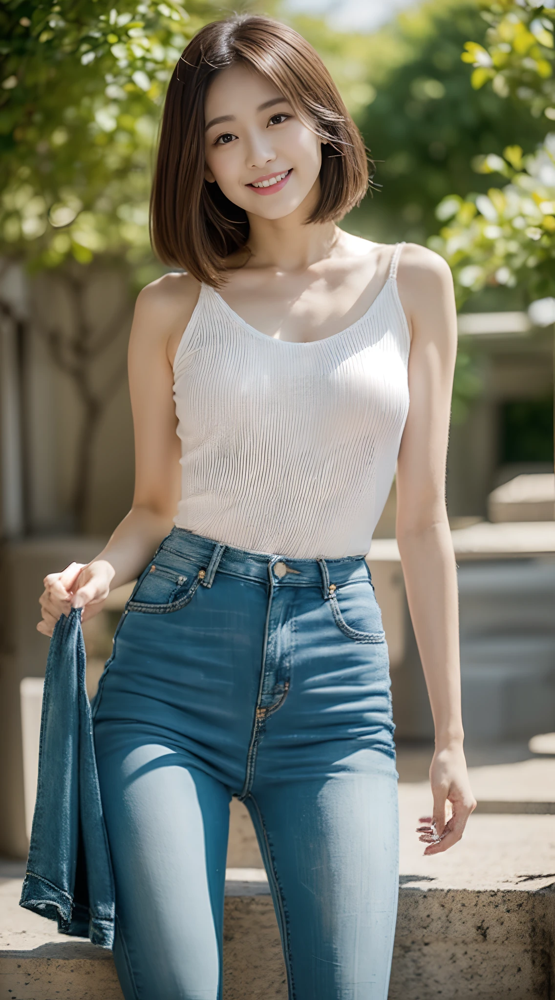 （超高分辨率，RAW photogr，8K,k hd，Best quality，tmasterpiece:1.5），（Complicated details，realisticlying），1 very beautiful woman, age 22, Solo, A high resolution, Extremely detailed face, (Professional lighting，Bokeh），（light particules，lens flare glow，Luminous Particle：0.6），gentlesoftlighting，Trendy atmosphere，jpn，the street，Stylish short hair，bobo head， A brown-haired, Hair is delicate and soft，Fluttering, cparted lips, lipsticks, Seductive smile, ssmile, Open-mouthed, teeth, There are small dimples，White swan neck，Shave your shoulders, Bigchest，（Petite，Golden ratio figure），Wear one（blue gray）（tight-fitting，Wrap tightly around the body）Sweaters, (Wash blue）（Fashion jeans),（detailed outfits:1.5）， 二重まぶた，long eyelasher, birthmark, (Moles under eyes: 1), Big breasts Thin waist，Beautiful buttocks，The calves are well-proportioned, slenderness:1.2，A pair of small white and tender jade feet，Beautiful toes:1.5，Wear stylish sandals，（Coquettish and playful beautiful pose），Female-centered focus photography，The waist and crotch are the focus，Broad lighting，naturalshadow，wide wide shot，close focus，shooting full body:1.8,fully body photo:1.8