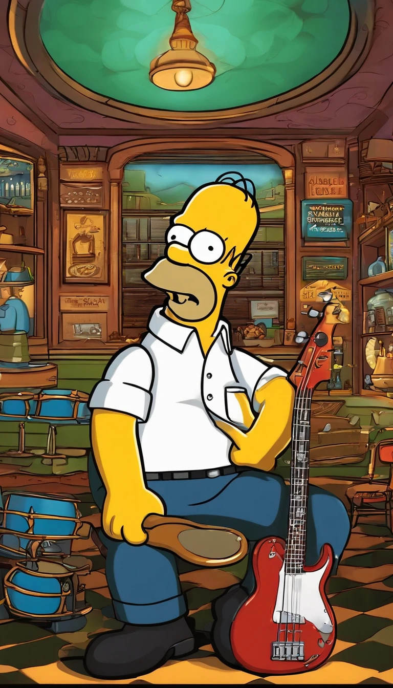 Adventure Time,cafe shop,The Simpsons,Homer Simpson plays bass,homer simpson