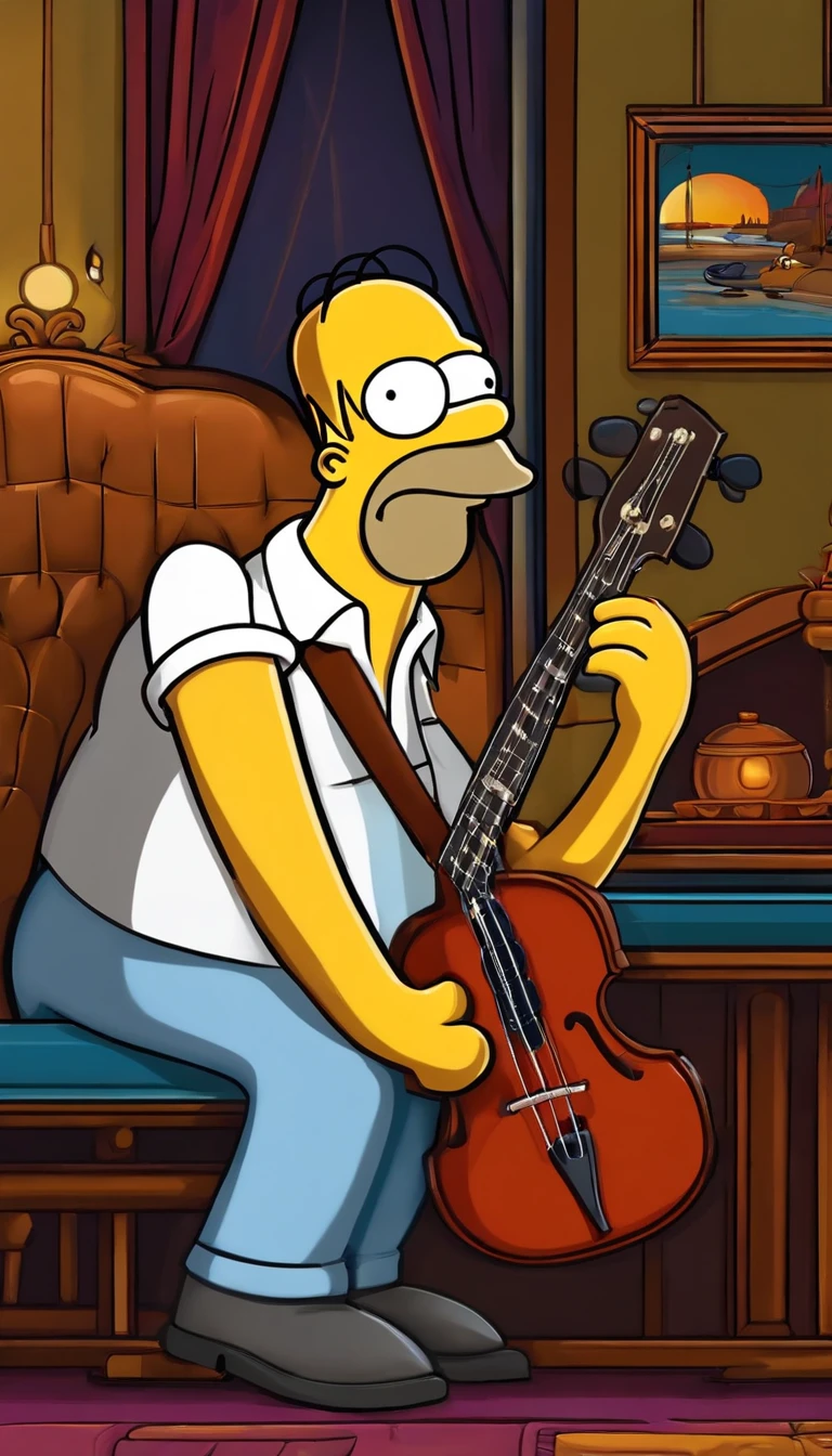 cafe shop,The Simpsons,Homer Simpson plays bass,homer simpson,《The Simpsons》Animation style,dramatic lights,Dramatic action,Wonderful poster composition,Dramatic composition,Dramatic colors,Gorgeous stage,gorgeous lights,ornate backdrop,One guy,Play bass,Funk music,