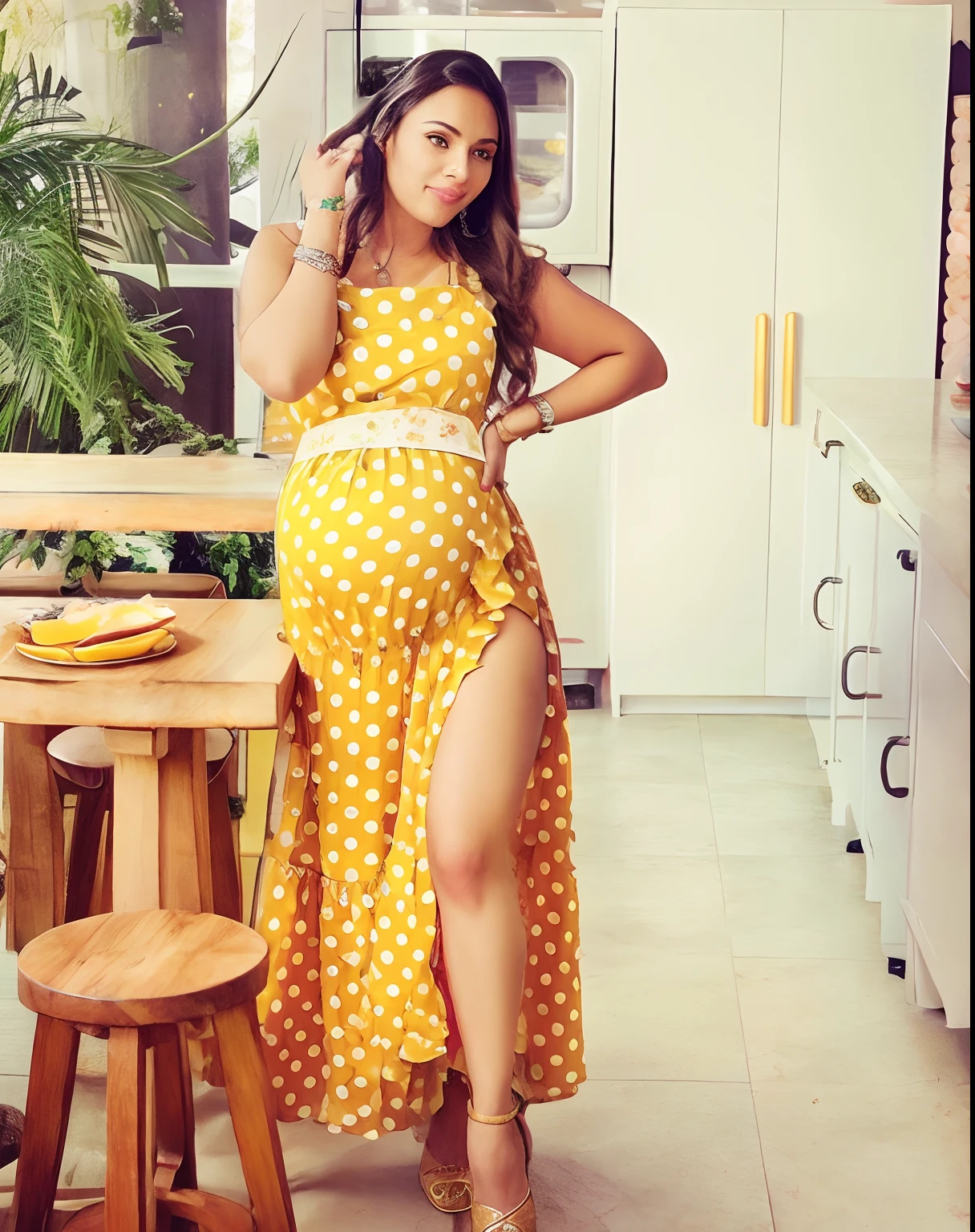pregnant woman in yellow polka dot dress standing in kitchen with stool, lady using yellow dress, gorgeous lady, cute woman, yellow ornate dress, actress, wearing a yellow dress, edited, on a yellow canva, beautiful, yellow clothes, profile image, profile pic, full pose, pretty girl, african domme mistress, yellow overall, polka dot, in a dress