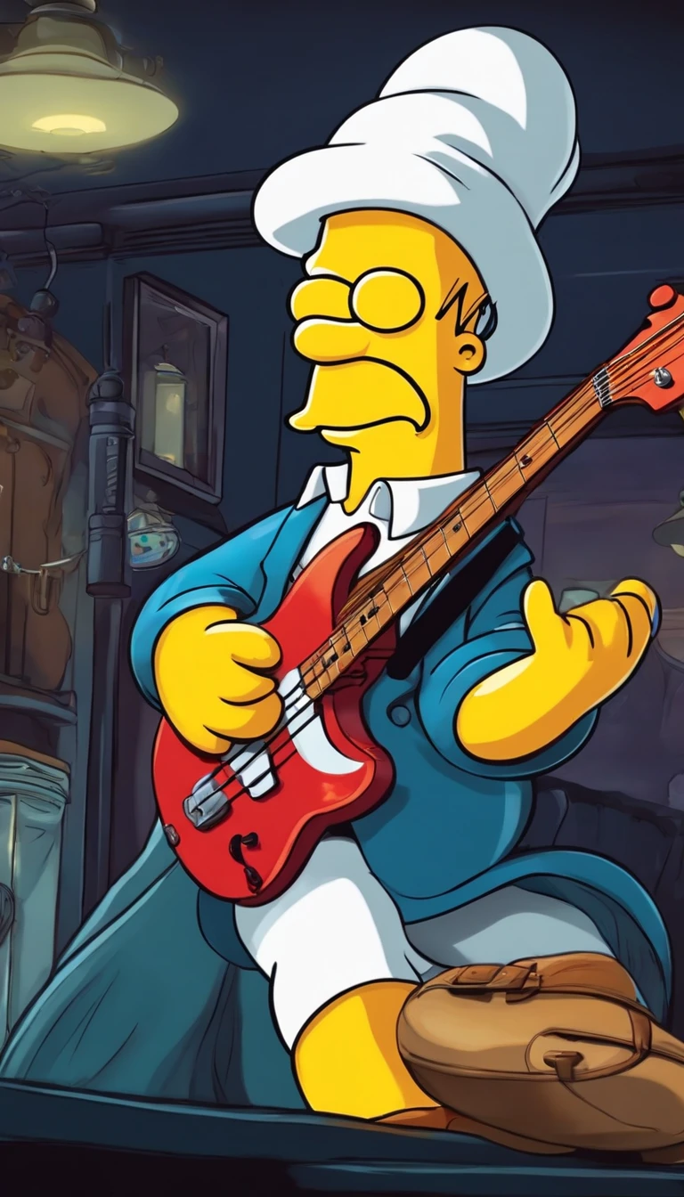 cafe shop,The Simpsons,Homer Simpson plays bass,homer simpson,Wear show costumes,《The Simpsons》Animation style,dramatic lights,Dramatic action,Wonderful poster composition,Dramatic composition,Dramatic colors,Gorgeous stage,gorgeous lights,ornate backdrop,One guy,Play bass,Funk music,