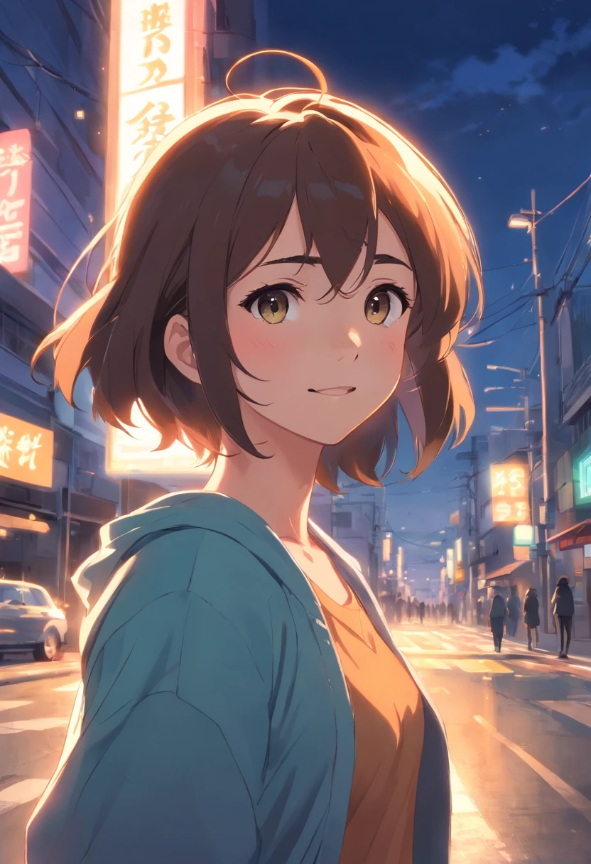 Personaje femenino viendo frente con una cara feliz , luego triste , luego sorprendido , luego en panico