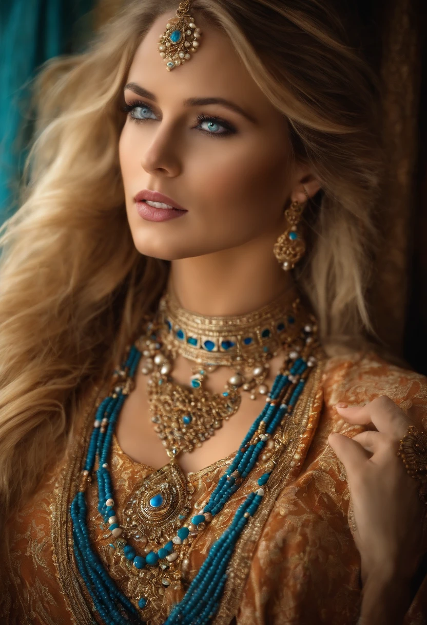 Very pretty blonde woman with blue eyes, qui porte plusieurs grands colliers de perles pourtant caftan marocain couvre son corps entier