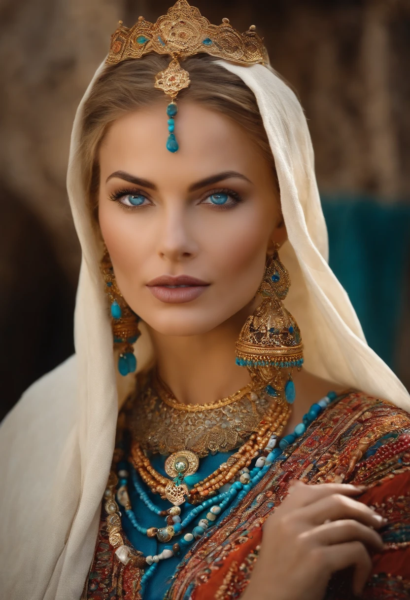 Very pretty blonde woman with blue eyes, qui porte plusieurs grands colliers de perles pourtant caftan marocain couvre son corps entier